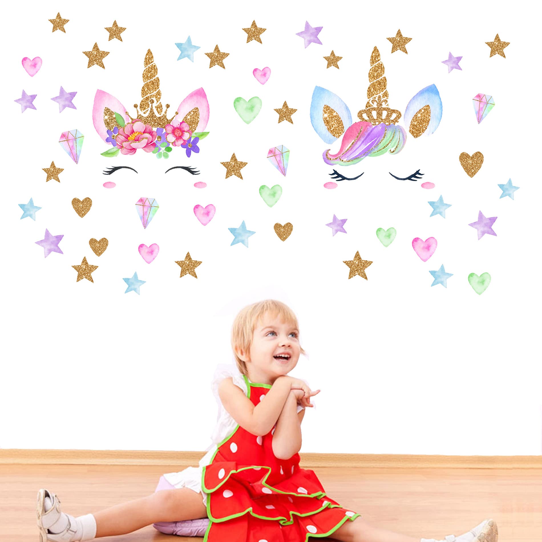 Pegatinas Pared Unicornio,2 Hojas Pegatinas de Pared de Unicornio de Vinilo Decoración con Corazones y Estrellas para Niños Dormitorio Guardería Navidad Fiesta de Cumpleaños