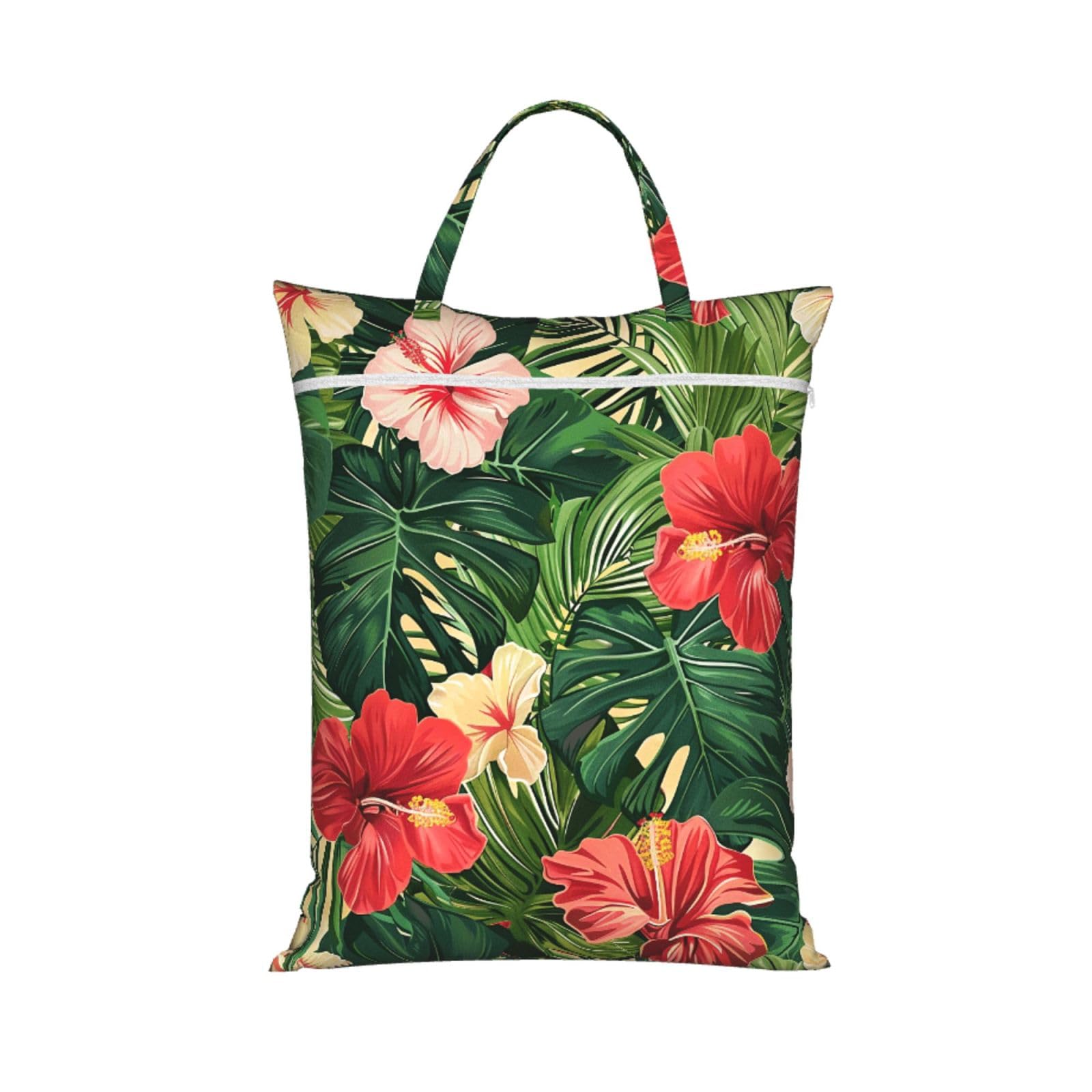 Large Travel Laundry Bags,Vegetation Leaves with Hibiscus Flowers Print with Handle Foldable Laundry Bag for Holidays Gym Swimming and Family Trips, 1Pcs