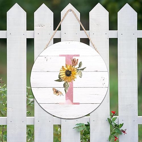 Miniatura 8 de BESTORLOVE Letrero de bienvenida para pared letra inicial E letreros redondos de madera rosa monograma girasol placa de madera floral flores campo