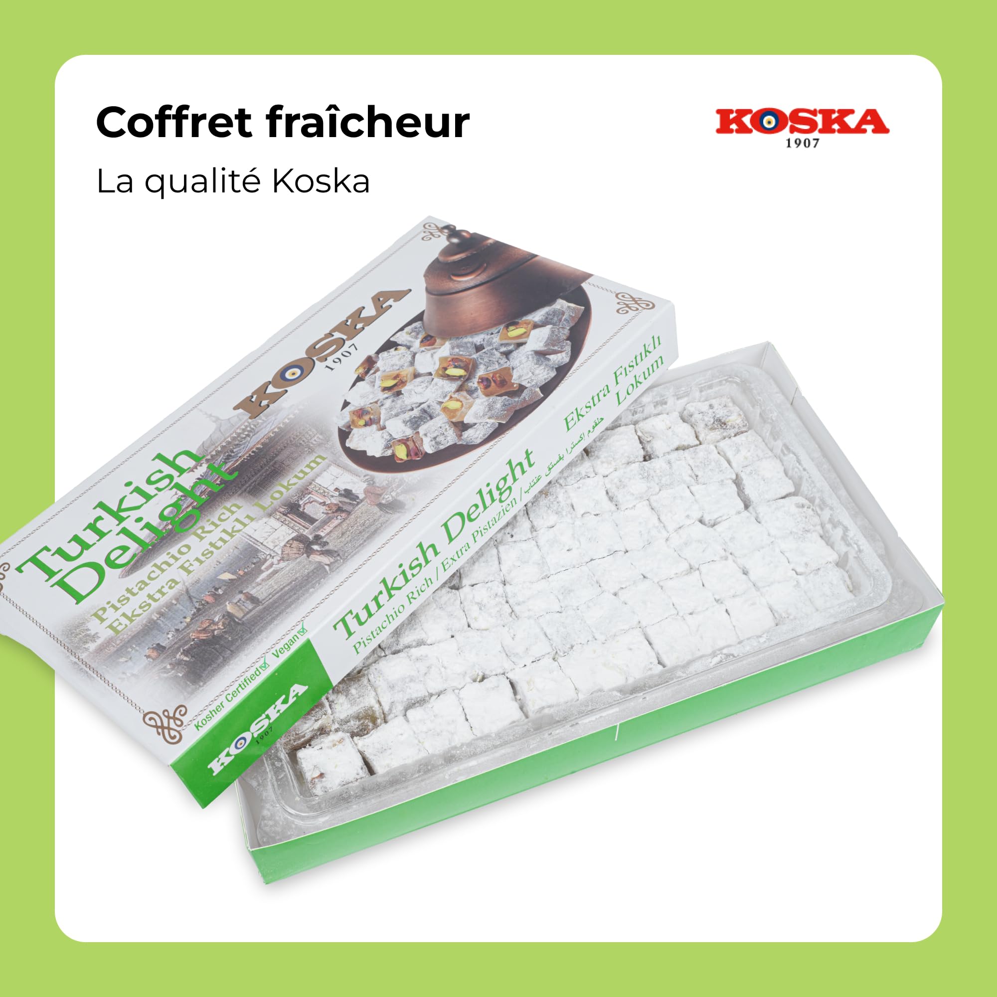 Koska Loukoums à la Pistache extra 500g Délice turc Format cadeau Confiserie traditionnelle Vegan Halal Casher Lokum Sans Gluten