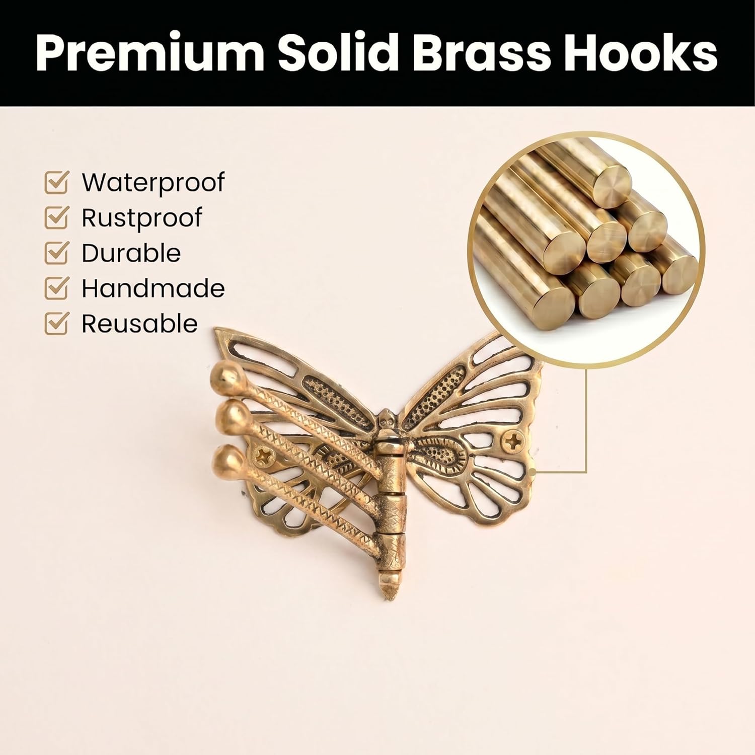 Indian Shelf Brass Butterfly Foldable Coat Hooks Heavy Duty, Swivel Tri Arm Decorative Wall Hooks Gold Key Holder, 3 Prong Vintage Gold Coat Rack Wall Mount, Folding Hat Rack