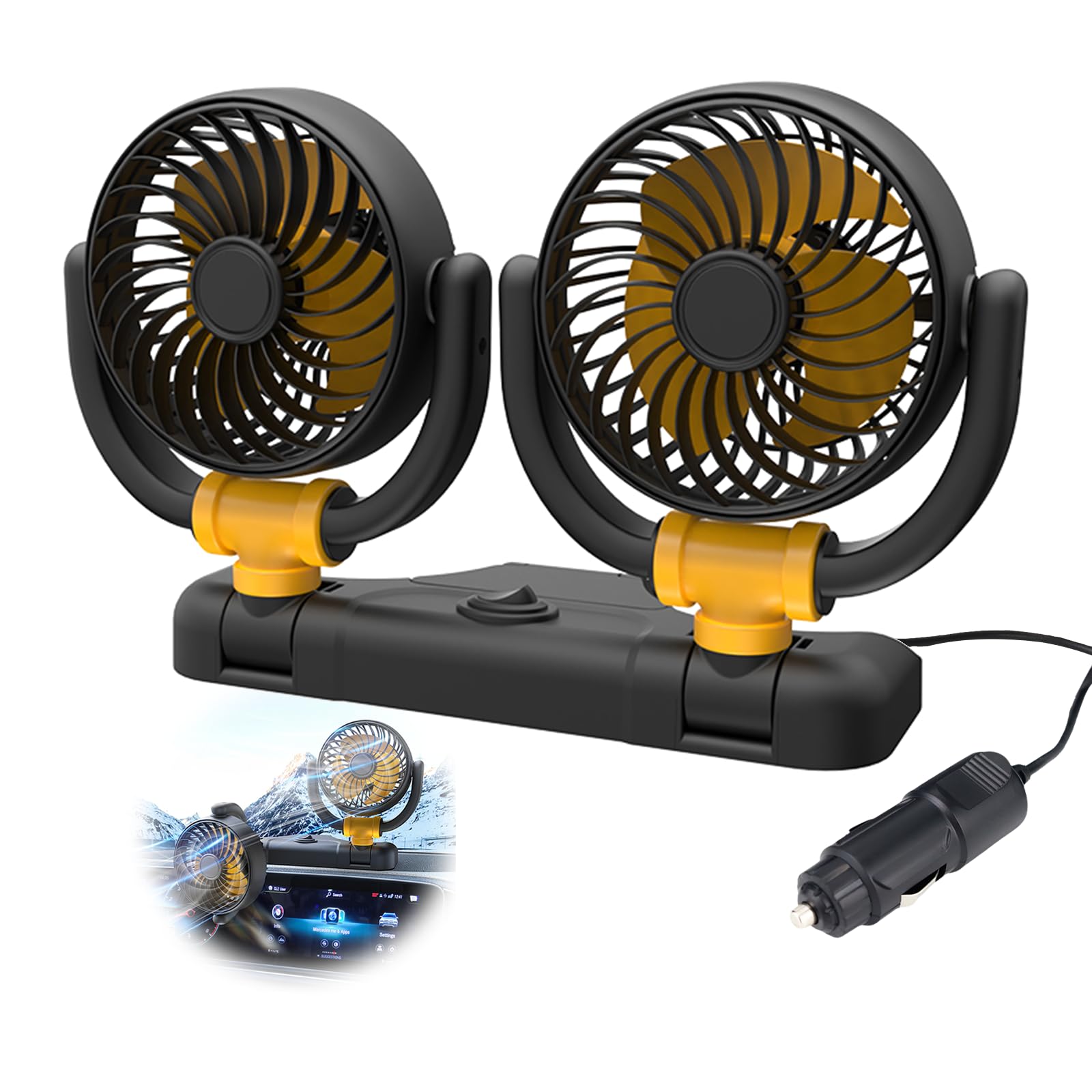 Ventilateur de voiture 12 V - Double tête - Rotation à 360° - Avec allume-cigare - Puissant et silencieux - Pour voiture, van, SUV, RV, bateau