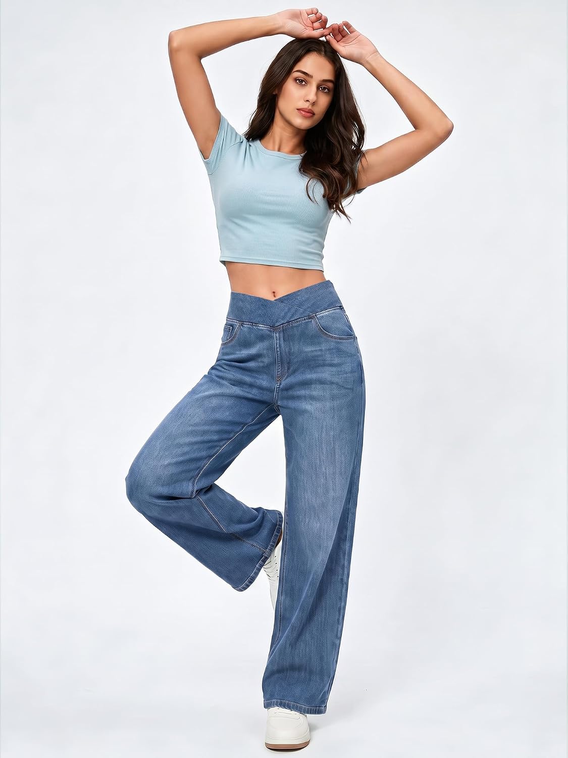 Women's 4-Way Stretchy Jeans High Waisted Wide Leg Denim Pants with Pockets image 4