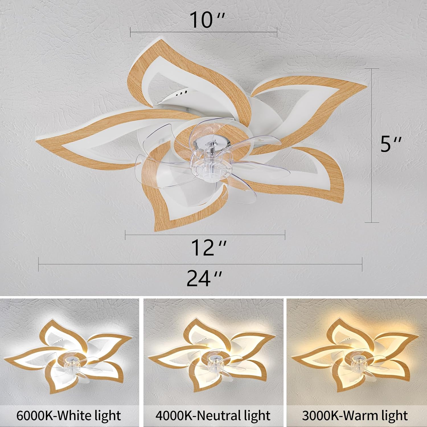 Diagram showing the dimensions of the 24-inch ceiling fan, with a diameter of 24 inches and a height of 5 inches.
