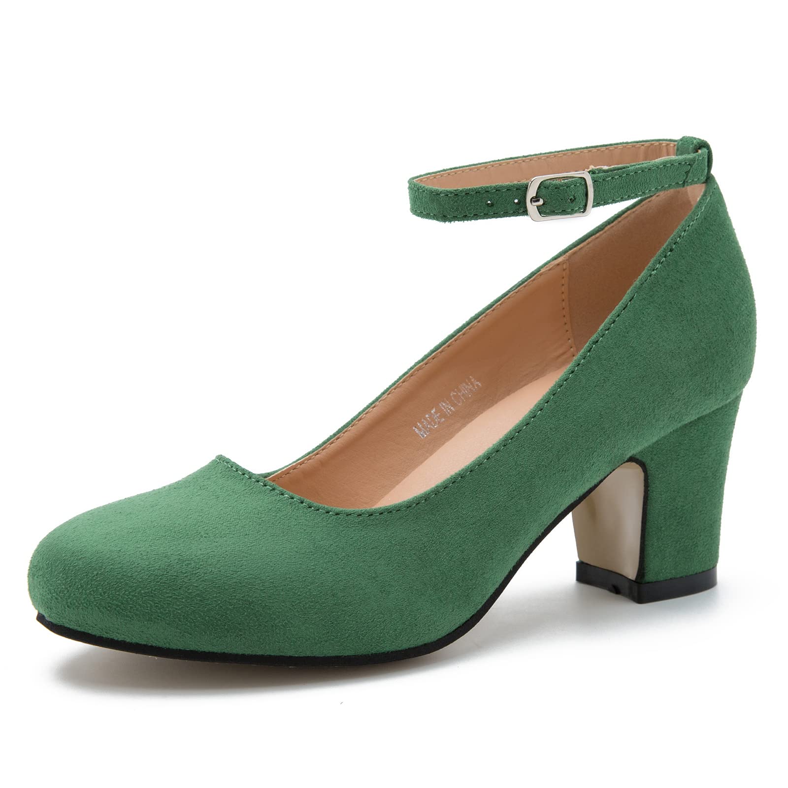 Womens Ankle Strap Low Block Chunky Heels Pumps Closed Round