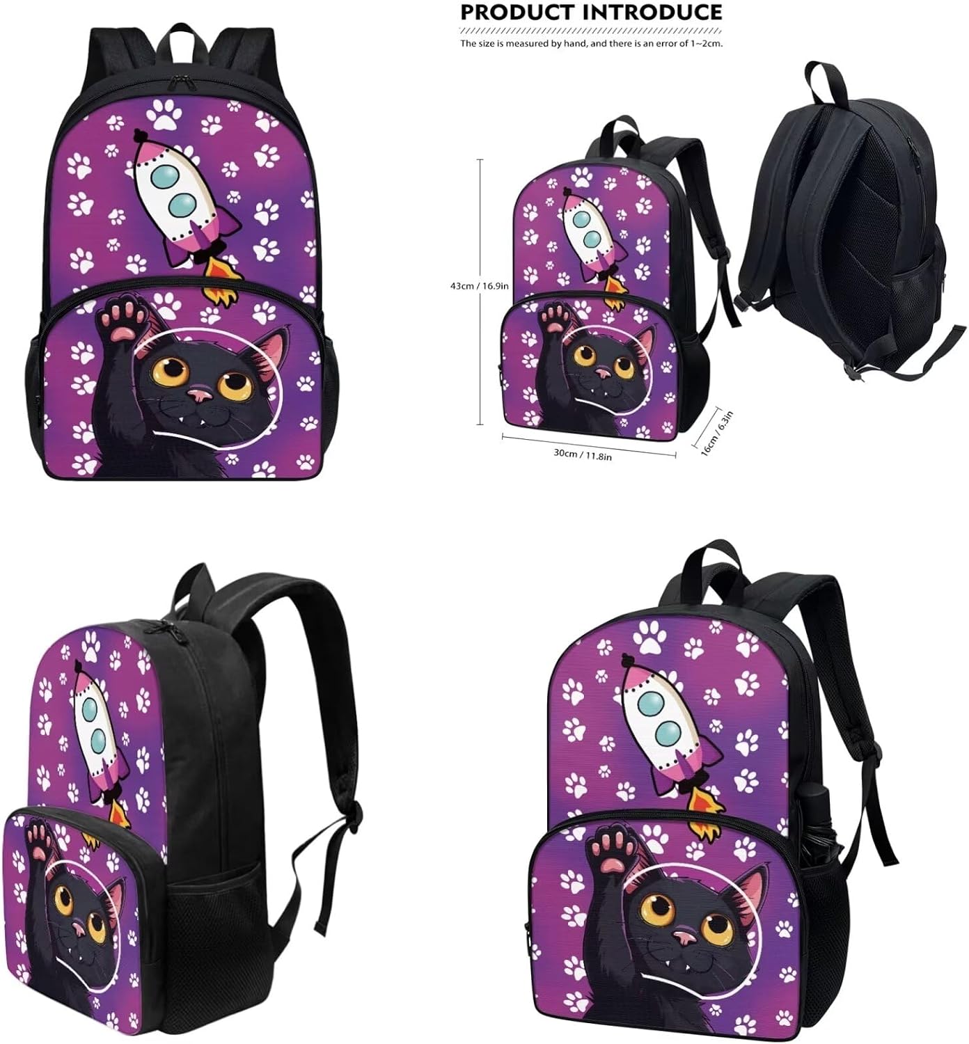 Purple Cat Backpack for Girls 4 Piece Backpack Set with Lunch Box Insulated with Pencil Box Water Bottle Portable School Supplies for Teen Girls Start of School Gifts for Birthday Christmas