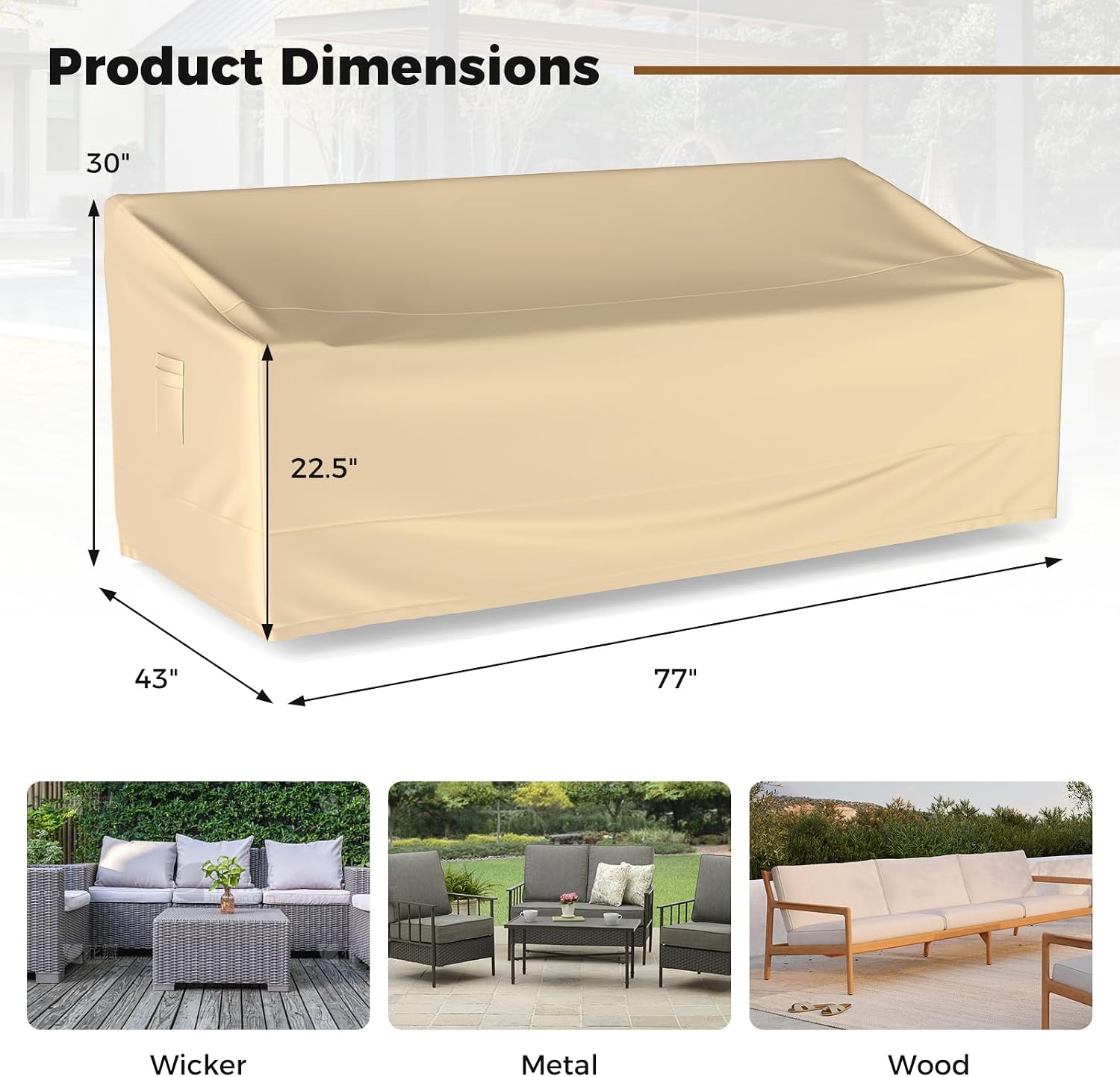 HAPPYGRILL Patio Loveseat Sofa Cover Outdoor Furniture Cover with Handles & Air Vents, Heavy Duty 3-Seater Couch Bench Cover, Waterproof & Windproof, 77"W x 43"D x 30"H
