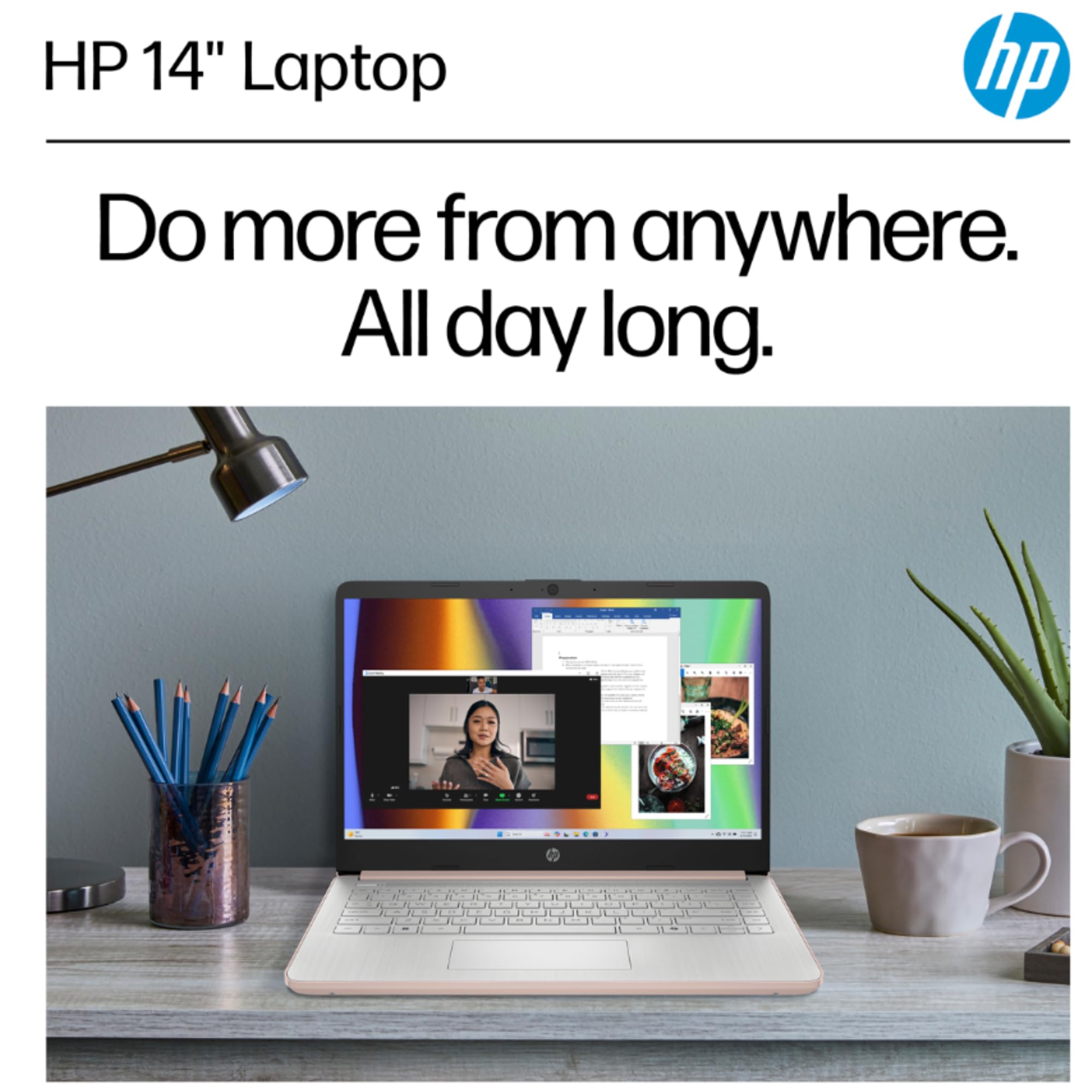 HP Rose Gold Ultrabook 14 Laptop with Microsoft 365 Home and Business • Intel 4-Core CPU • 1.1TB Storage (1TB OneDrive and 128GB SSD) • 8GB RAM • Windows 11 w/o Earphones