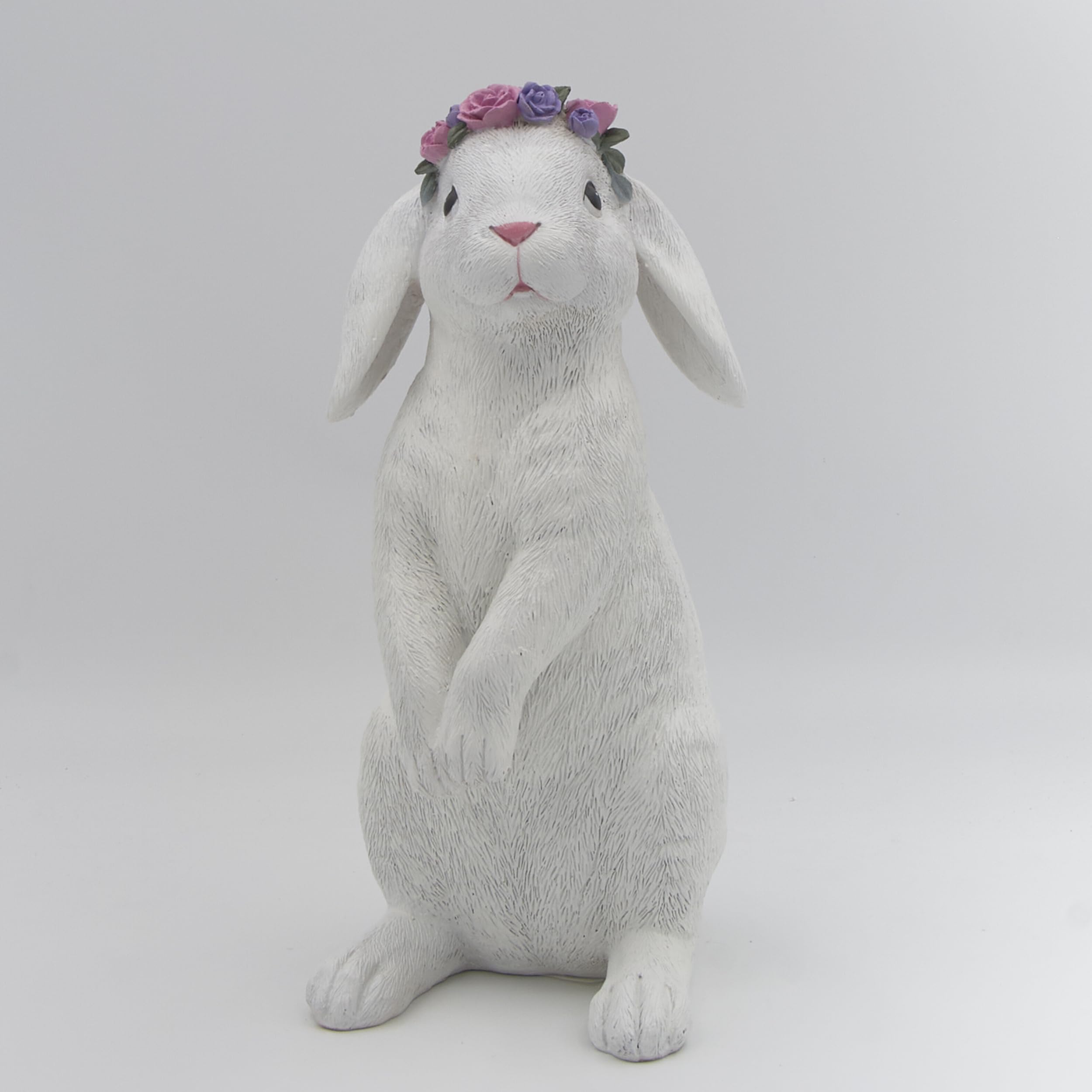Roman, Figurine de lapin debout avec couronne de fleurs de 30,5 cm de haut, statue de lapin de Pâques avec couronne florale, décoration d'intérieur printanière