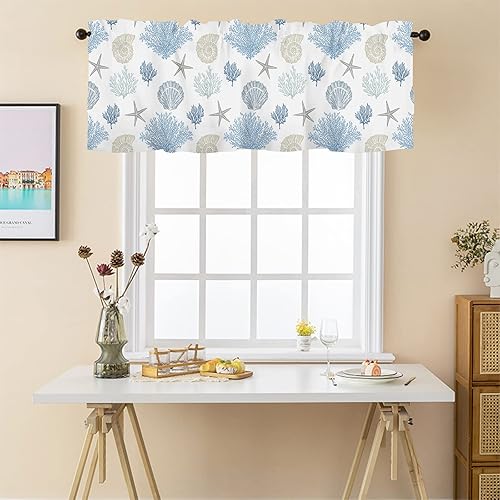 Miniatura 3 de Cenefas de Cortinas de Cocina de Verano Costeras de Coral con Estrellas de Mar para Ventanas, Cenefa de Ventana Náutica de Playa Azul Gris, Cortina