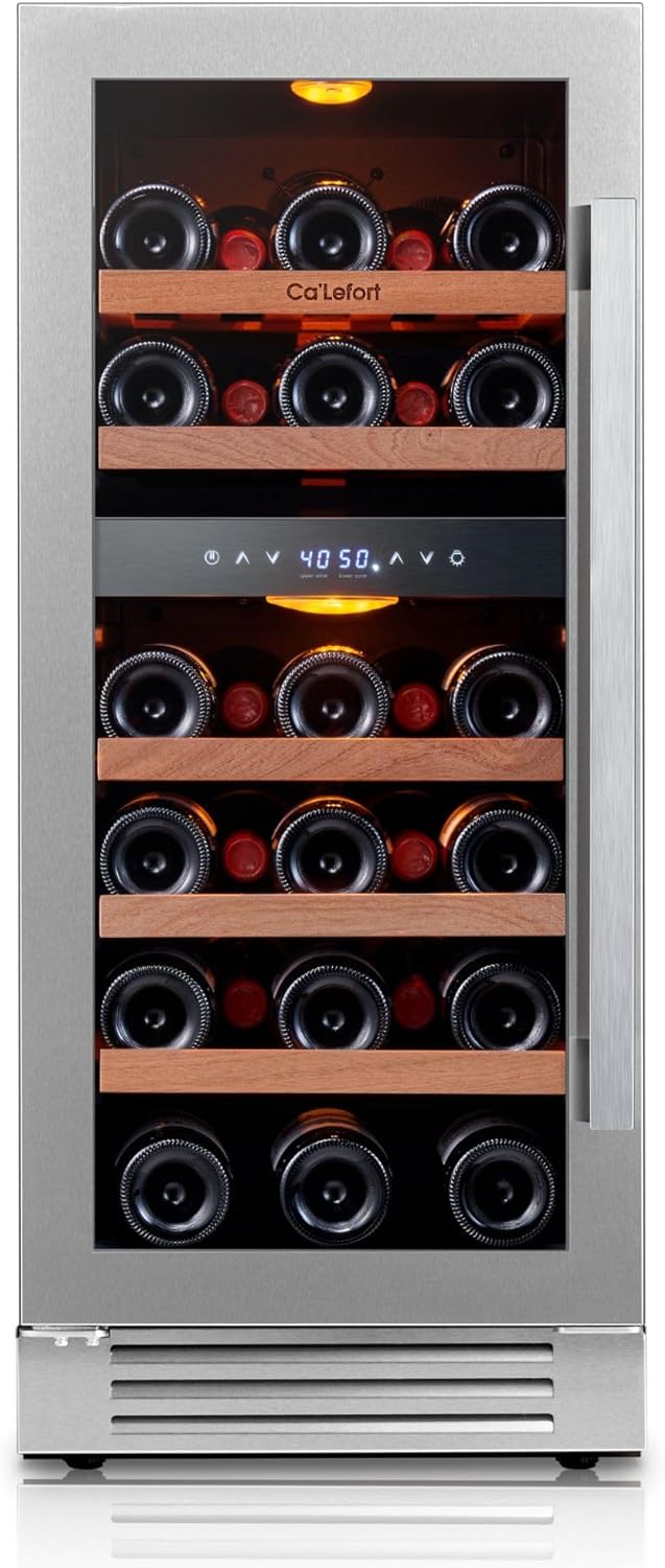 Ca'Lefort 15 Inch Wine Fridge - 28 Bottles Dual Zone Wine Cooler with Glass Door, 40-65° Temp Control, Adjustable Shelf & 3 LED Light Built-in or Freestanding for Home Bar Kitchen Left-Hinged Door