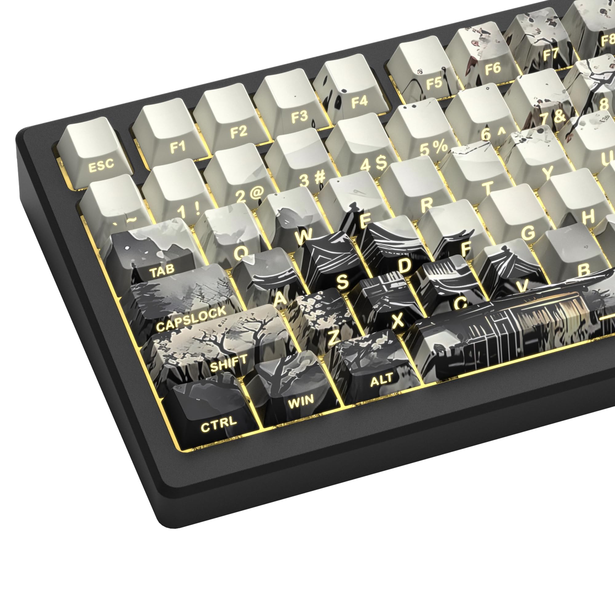 Womier PBT Keycaps Set 130 Keys, Custom White Japanese Keyboard Doubleshot Dye Sub Side Print Shine Through Keycaps 60 65 75 100 Percent, Cherry Profile (Ink Painting)
