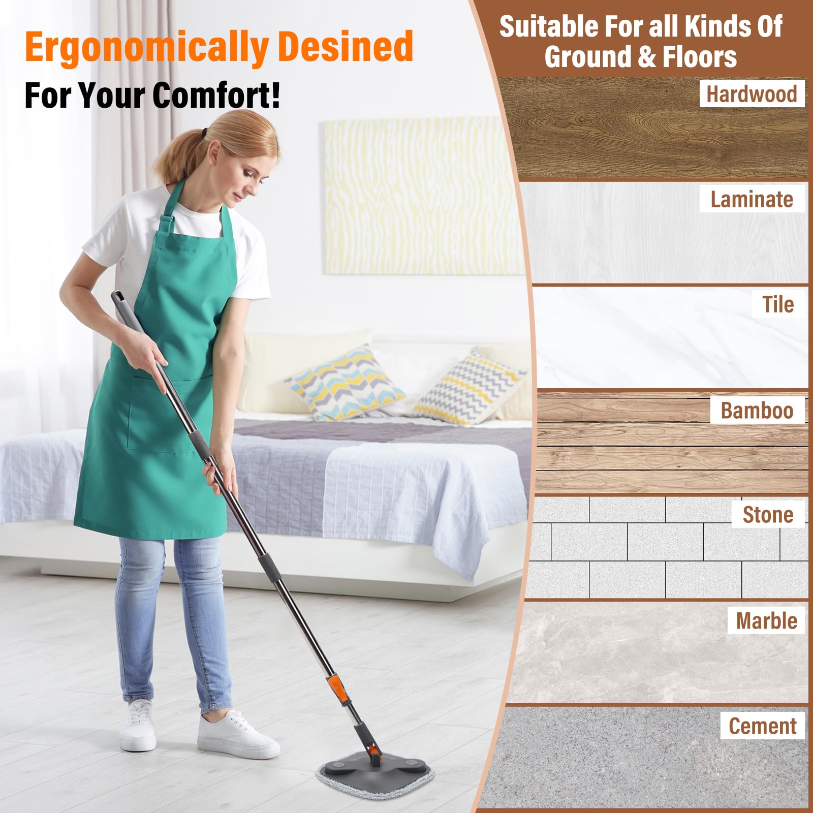 Juego de fregona cuadrada giratoria y cubo con escurridor con sistema de separación de agua sucia/limpia para limpieza del piso del hogar (3 almohadillas gruesas lavables a máquina) (negro)