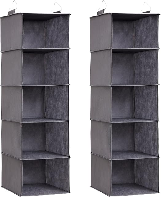 Lifewit 2-pak 5-półkowy wiszący organizer do szafy z 2 wytrzymałymi haczykami, wiszące półki do szafy, składany wiszący organizer półkowy, Szary