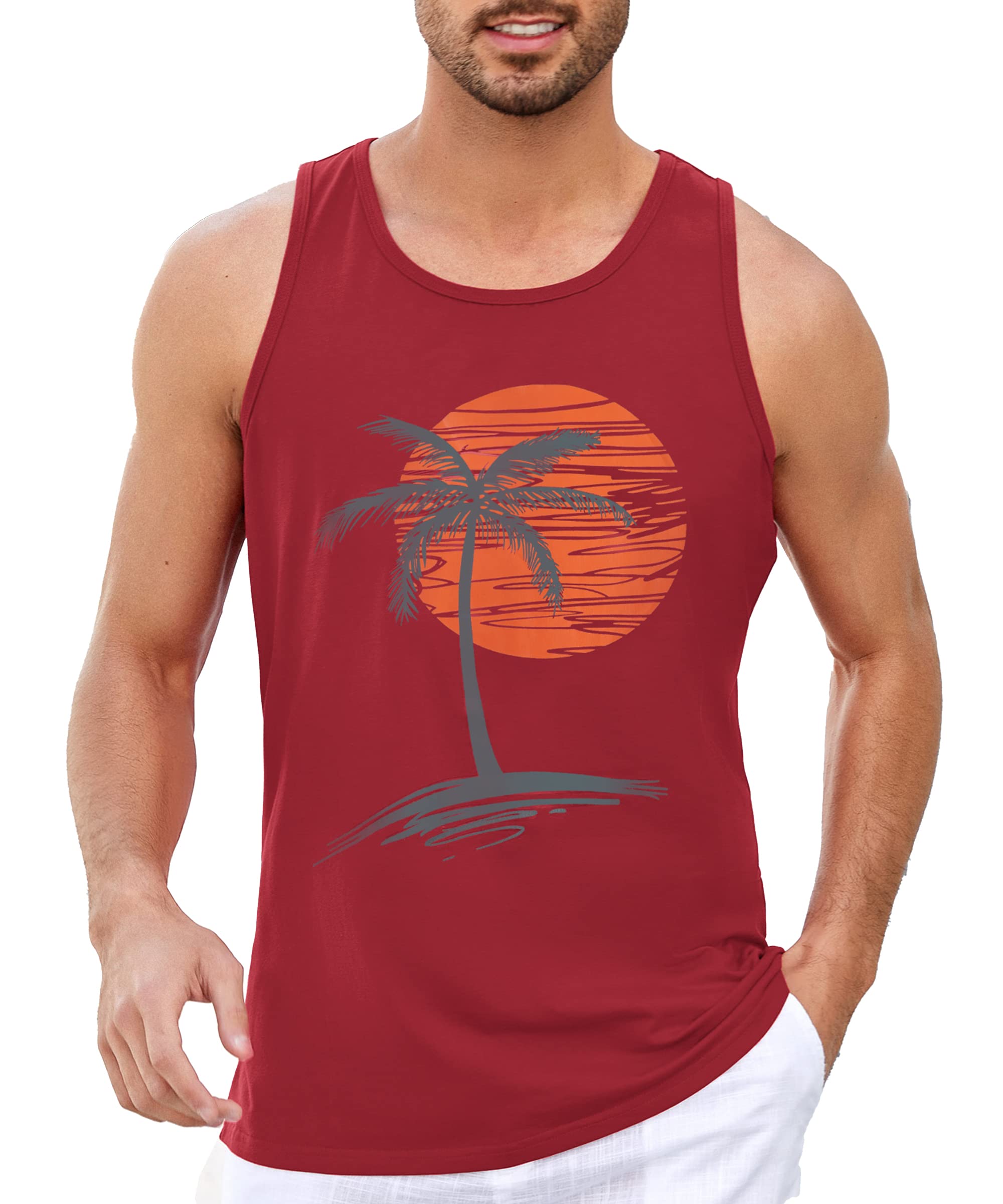 Mens Sleeveless Tank Tops Workout Gym Shirts Palm Tree Vintage Style T-Shirt
