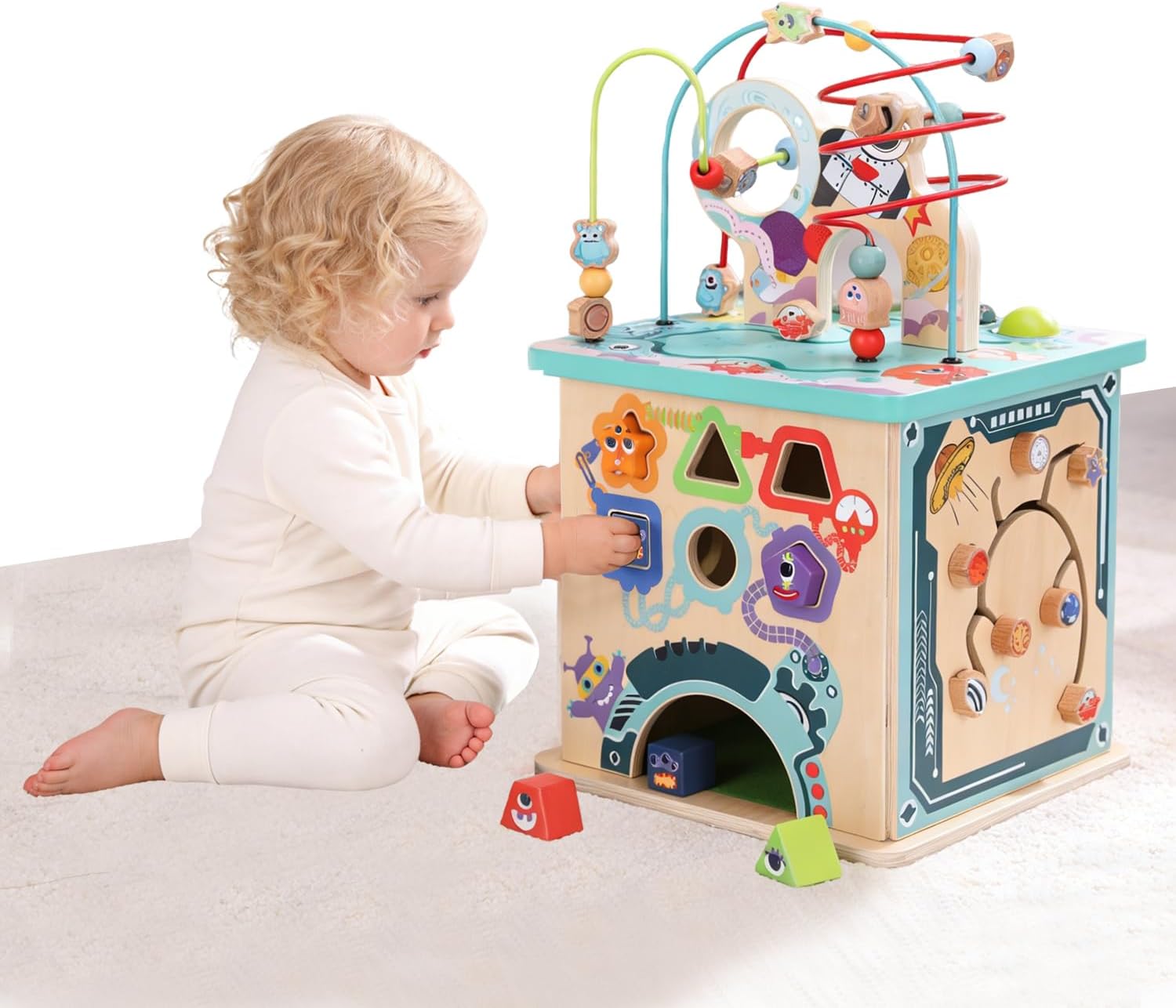 Pre-Assembled 9 in 1 Wooden Activity Cube. Educational Learning Toy for Kids with Bead Maze, Shape Sorter and Music Gears and More. for Toddlers 18 Month+. Birthday Gifts for Boys and Girls
