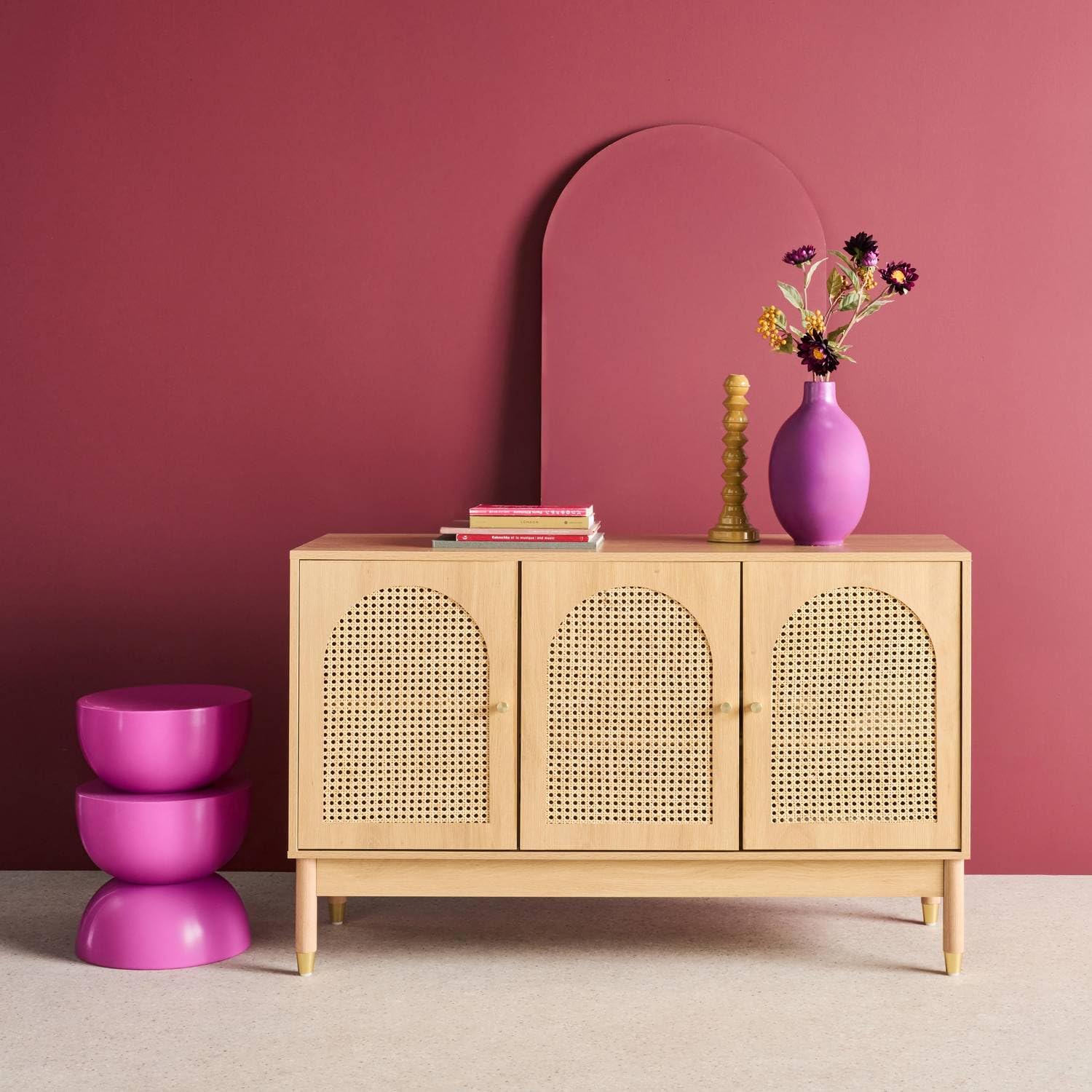 Wood Decor and Rattan Sideboard 3 Doors | Natural Wood Finish, 3 Storage Drawers, Open Compartments, Living Room Furniture, Rustic Style-image-32