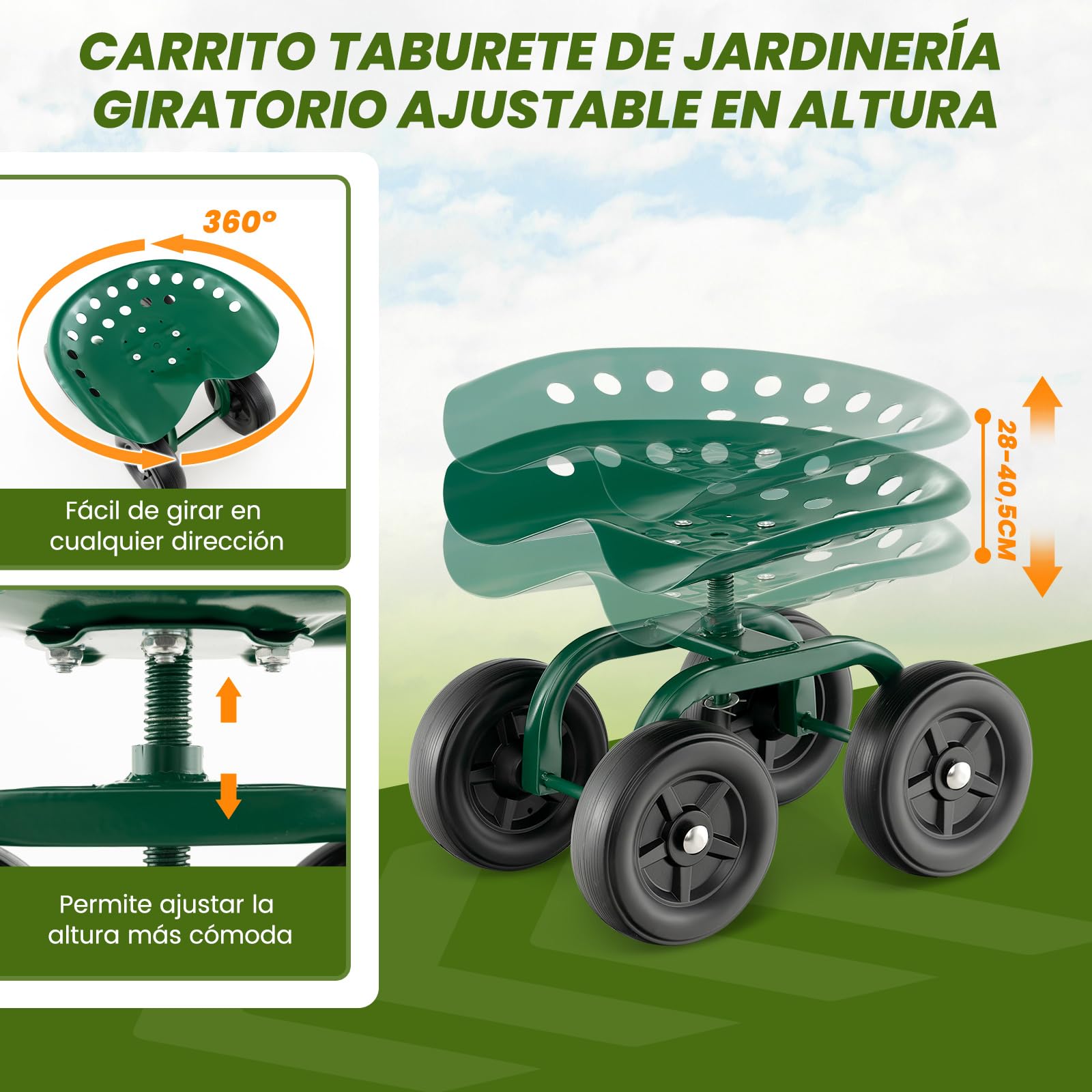 COSTWAY Carrito de Jardín con Asiento Giratorio de 360° y Altura Ajustable, Carro de Taburete de Jardinería con Ruedas, Taburetes Móvil para Jardinería para Jardín, Césped y Patio Trasero (Verde)