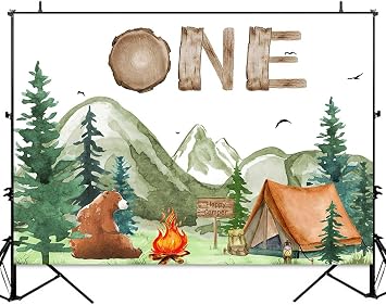 Sensfun Forest Camping Birthday Backdrop One Happy Camper Birthday Decorations Camping Boy Adventure 1st Birthday Party Photography Background Bear Tent Campfire Camping Party Banner 7x5ft