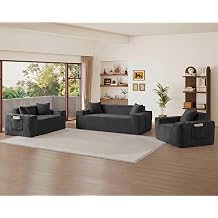 3 Piece Sofa Set, Modern Boneless Memory Foam Corduroy Sofa Couch with Cup Holders, Comfy Cloud Lounge Couch Set for Living Room, Office, Bedroom, No Assembly Required, Grey