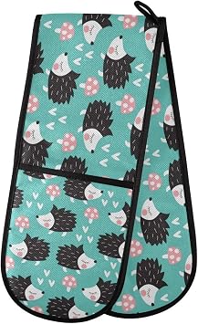 B Hedgehog Mushroom Love Heart Double Oven Mitt Heat Resistant Non-Slip Kitchen Gloves Extra Long 7" x 35" for Cooking Baking Barbecue Grilling