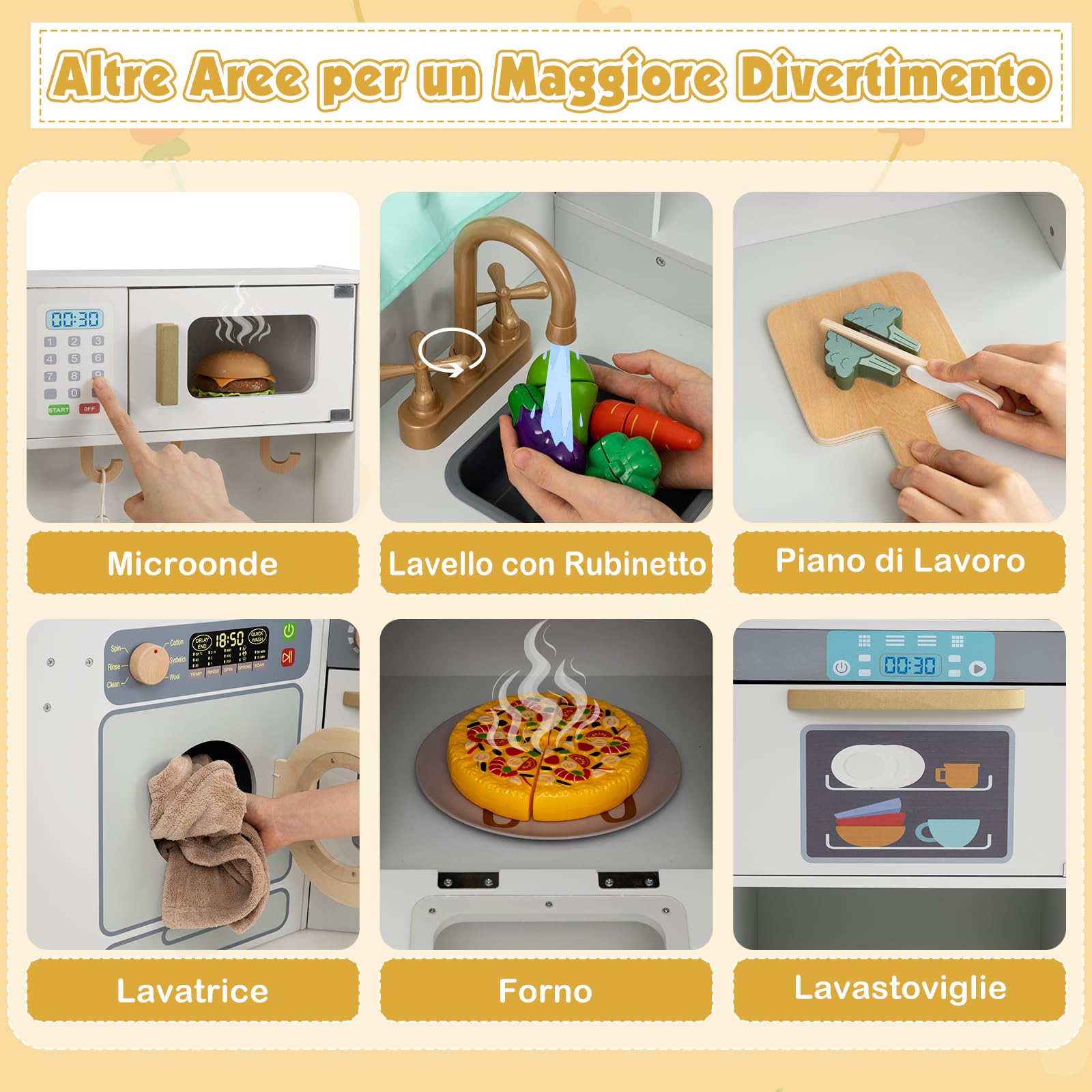COSTWAY Cucina Giocattolo Angolare in Legno, Set di Cucina Giocattolo per Bambini con Pattumiera Estraibile, Tenda, Lavandino, Fornelli, Microonde, Forno, Lavatrice, per Bambini 3+ Anni (Grigio)