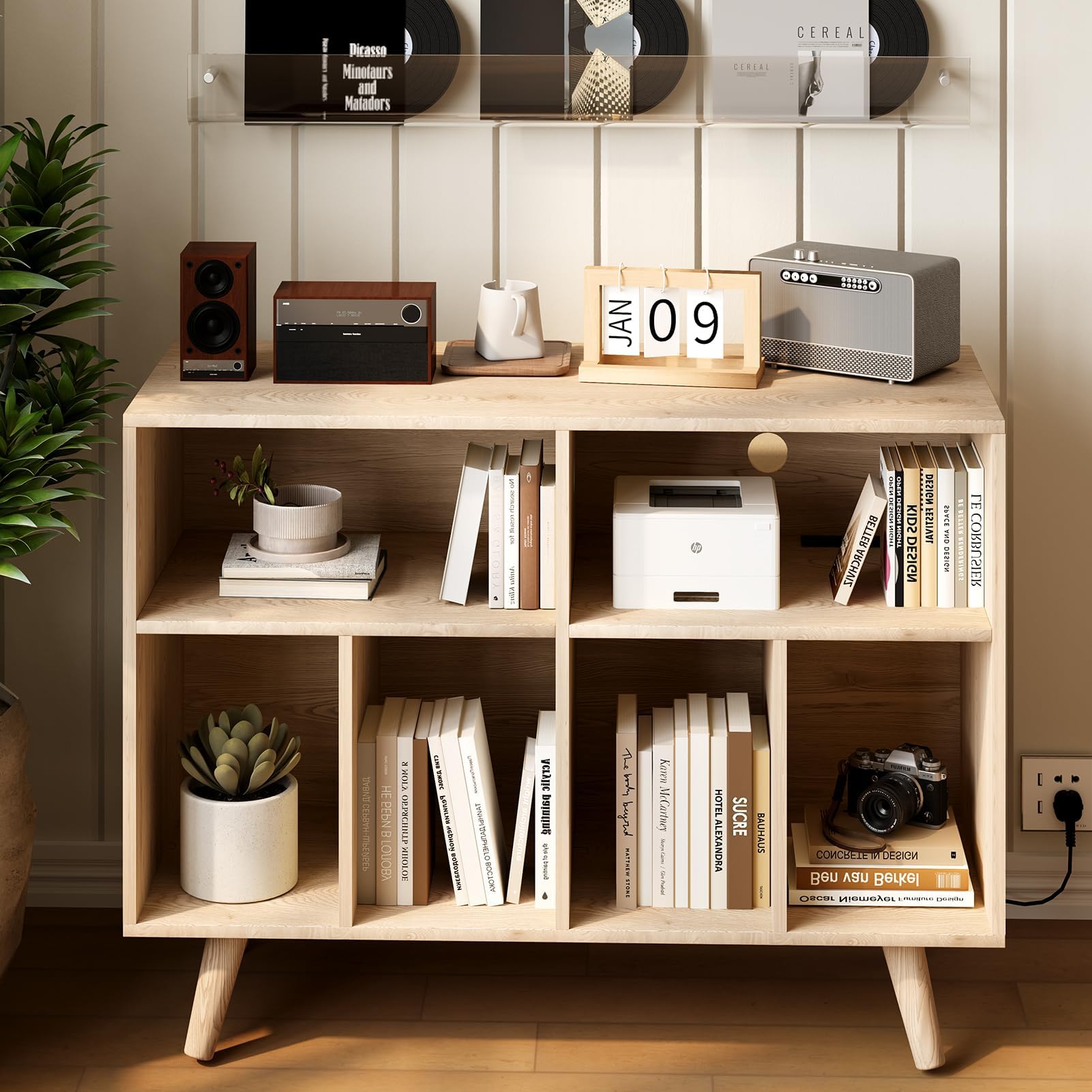 Garvee Großes Plattenspieler Regal, Schallplattenregal für bis zu 350 Vinyl, Holzregal mit USB und Steckdose – Offenes Design für Wohnzimmer, Schlafzimmer, Büro – Naturholz