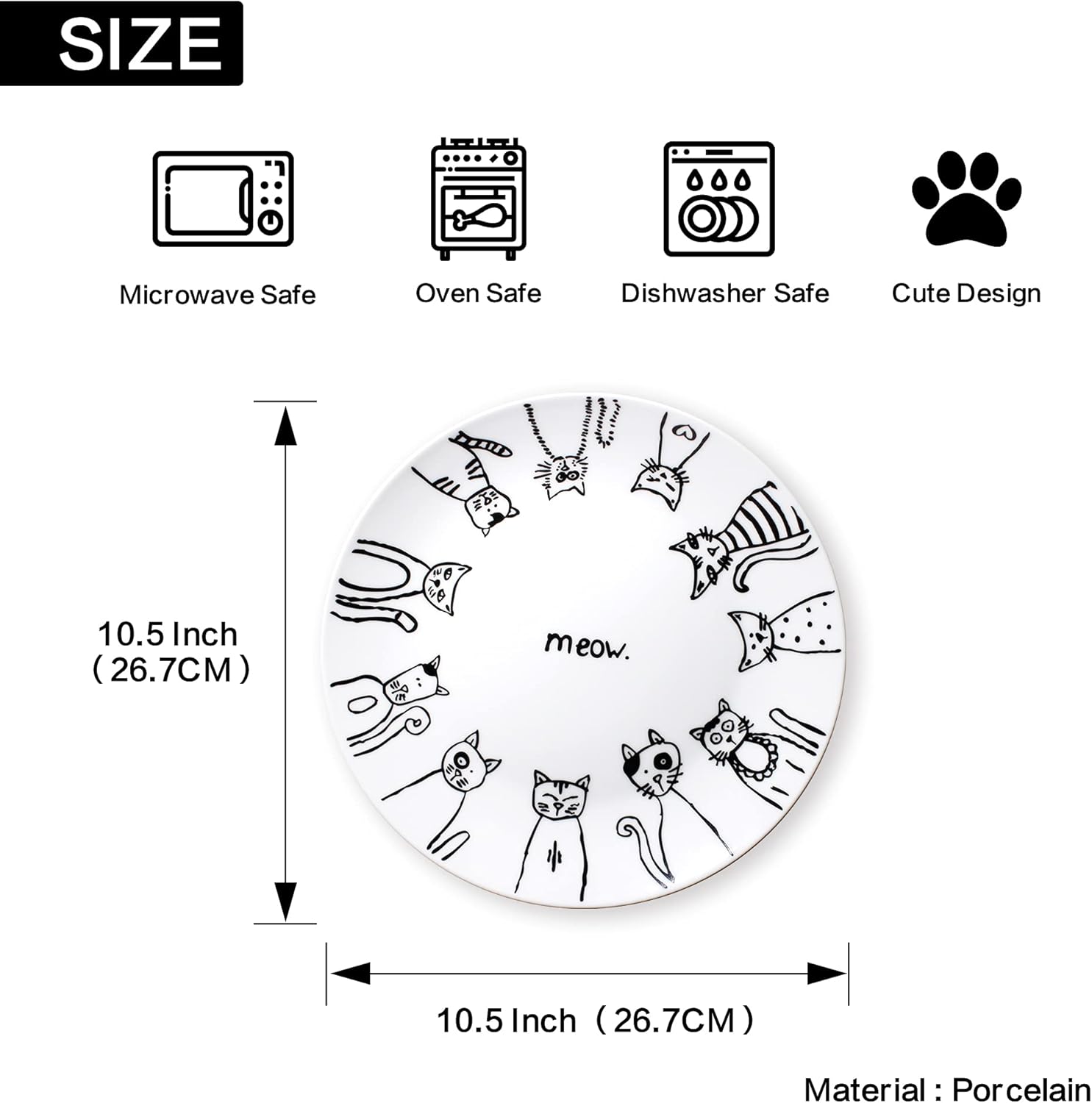 Flash Sale Buy 1 get 1 Leadex Porcelain 8-Inch Salad Plates ,10.5-Inch Dinner Plate,18 Ounces Pasta Plates, Hand-drawn Cartoon Cat Pattern,Best Gift For Ailurophile (10.5-Inch Dinner Plate)