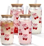 Mason Life Coquette Cute Glass Cup with Lids and Straws Cherry Iced Coffee Cup with Keychain Straw Cover 18oz Drinking Smoothie Beer Glass Tumbler Trendy for Mother's Gift Girls Bestfriend Sister