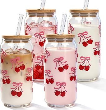 Mason Life Cherries Bows Glass Cups with Lids and Straws, 18OZ Cherry Decor Iced Coffee Cups with Lids, Coquette Cute Glass Cups Drinking, Mothers Day Birthday Gift for Women Her -Set of 4