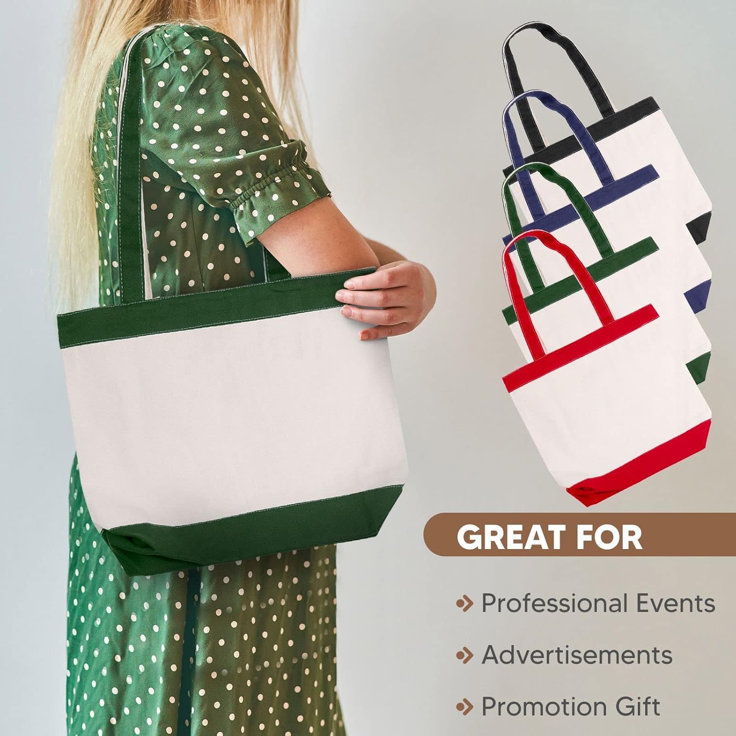 Canvas Tote Bag with Handles for Woman, Reusable Cloth Bag for Groceries and Shopping In Bulk - Blank Cotton Tote Bag, Suitable for DIY Projects Heavy Duty, 16"X14.5" With 4” Gusset, Green 8 Pack
