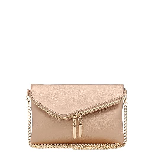 FashionPuzzle Envelope Wristlet Clutch Crossbody Bag with Chain Strap (Rose Gold) One Size