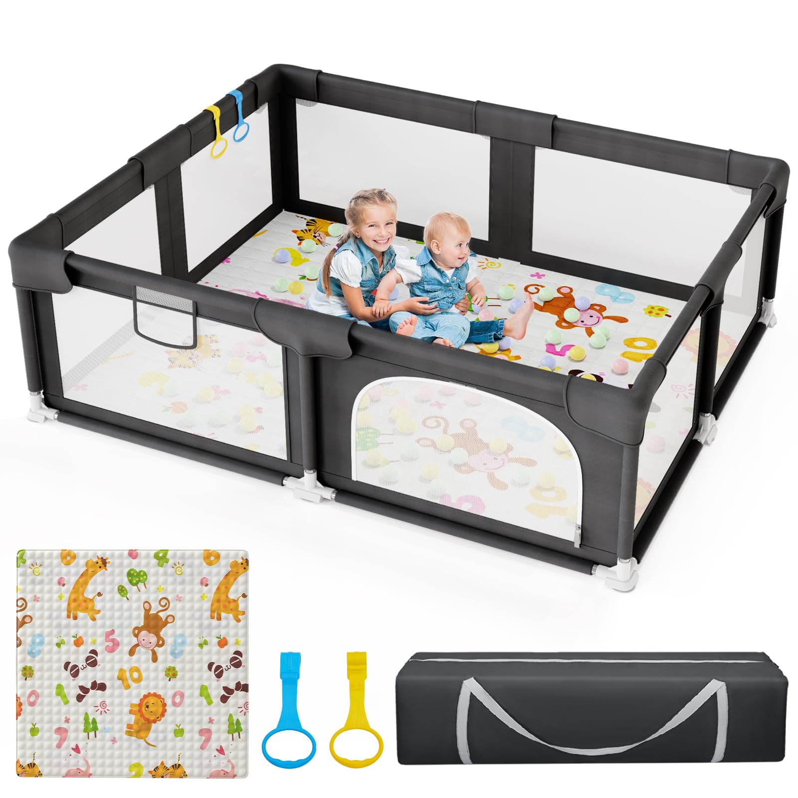 Palopalo Black Baby Playpen with Mat Playpen for Babies and Toddlers 71×59 Inch Large Play Yard With Gate Baby Fence Ball Pits Toddler Indoor Outdoor Infants Activity Center with Anti-Slip Base