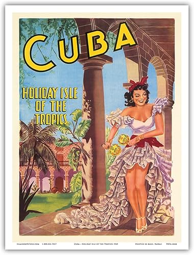 Cuba  Isla de los Trópicos  Bailarina cubana con Maracas  Póster de viaje vintage 1949  Impresión artística maestra (sin marco) 9 x 12 pulgadas