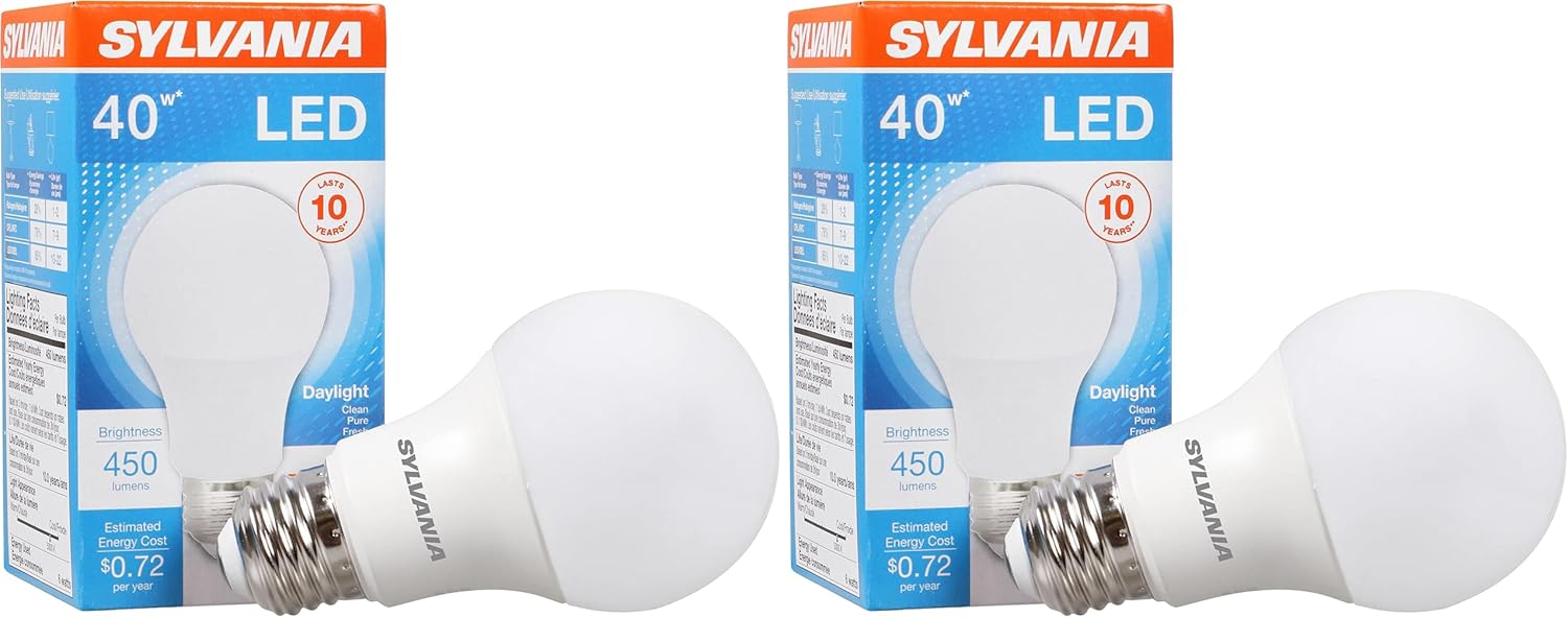 Sylvania LED Light Bulb, 40W Equivalent A19, Efficient 6W, Medium Base, Frosted Finish, 450 Lumens, Soft White - 2 Pack (74077)