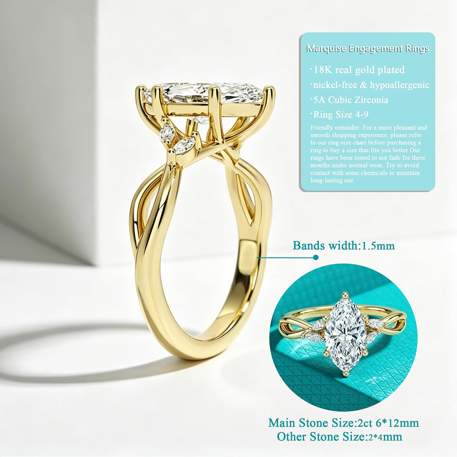 2CT Marquise Engagement Ring Promise Rings for Her Dainty 18K Gold Plated Cubic Zirconia Bands Non Tarnish Size 4-9