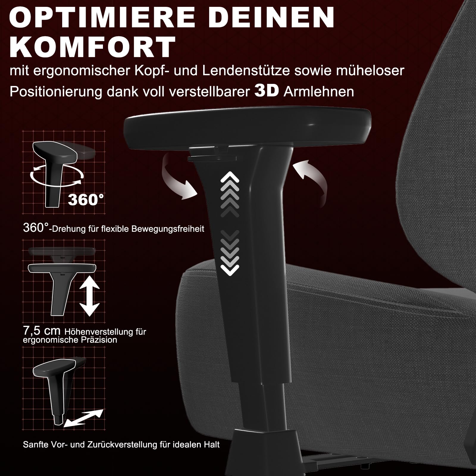 Devoko Ergonomischer Gaming Stuhl Stoff Atmungsaktiv mit Verstellbarer Rückenlehne, Höhenverstellbar, Kopf- & Lordosenstütze, Hochdichter Formschaum, Für Büro & Gaming, 180 kg Belastbar – Dunkelgrau