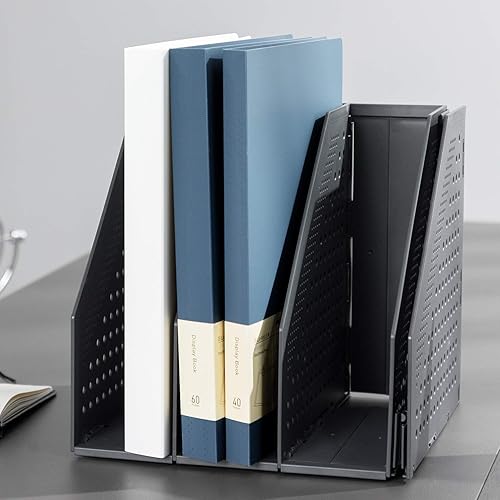 Miniatura 7 de Deli Soporte plegable para archivos, organizador de escritorio para organización y almacenamiento de oficina, 4 compartimentos verticales, gris
