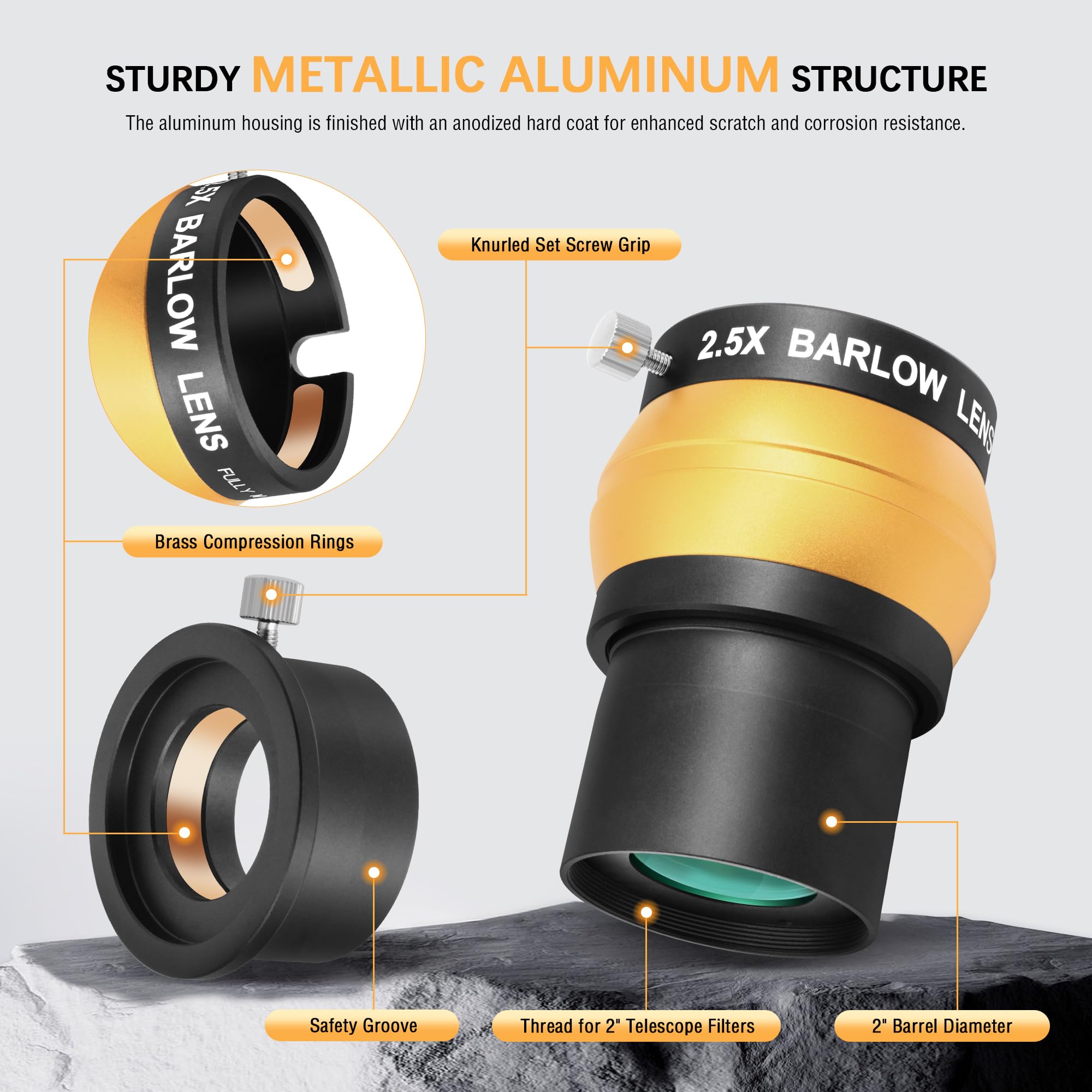 Alstar Objectif de Barlow 2" 2,5X - Permet l'utilisation d'oculaires de télescope de 5,1 cm et 3,2 cm - Film Vert à Large Bande métallique à 4 éléments avec revêtement Multicouche
