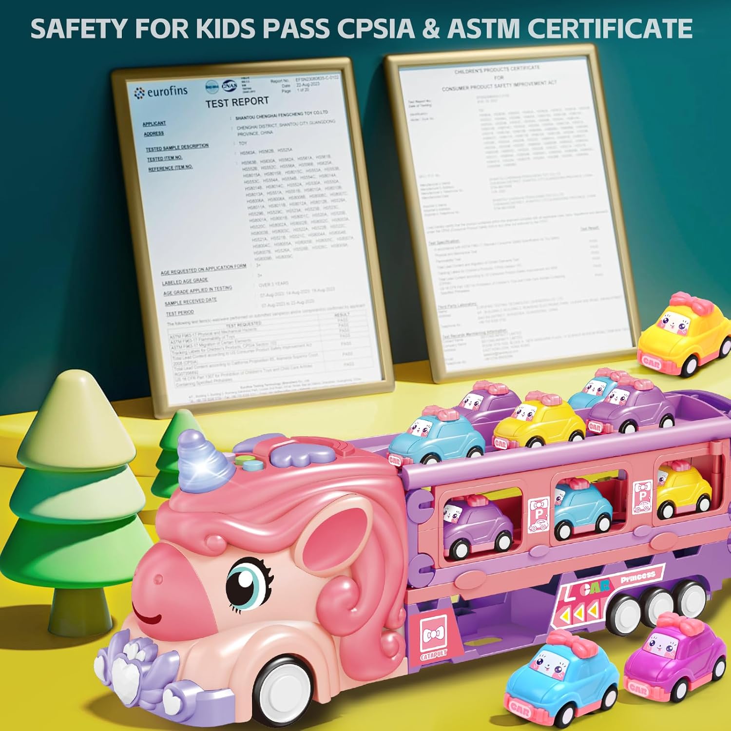 Unicorn Car Toys for Age 3 4 5 6 Year Old Toddler Girl, Foldable Track & 2 Player Race Mode Game, Light & Sound Push Transport Carrier Truck W/ 9 Princess Toy Cars, Birthday Gift for Girls Age 4-6