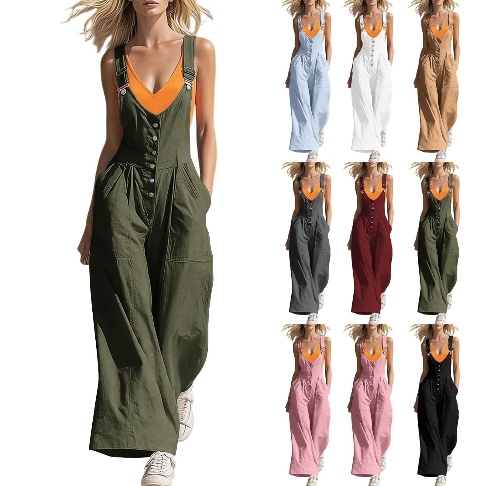 Generisch Salopette da donna lunga a gamba larga, tuta sexy con scollo a V, tuta estiva sciancrata, bretelle regolabili, oversize, salopette larghe, tinta unita, casual