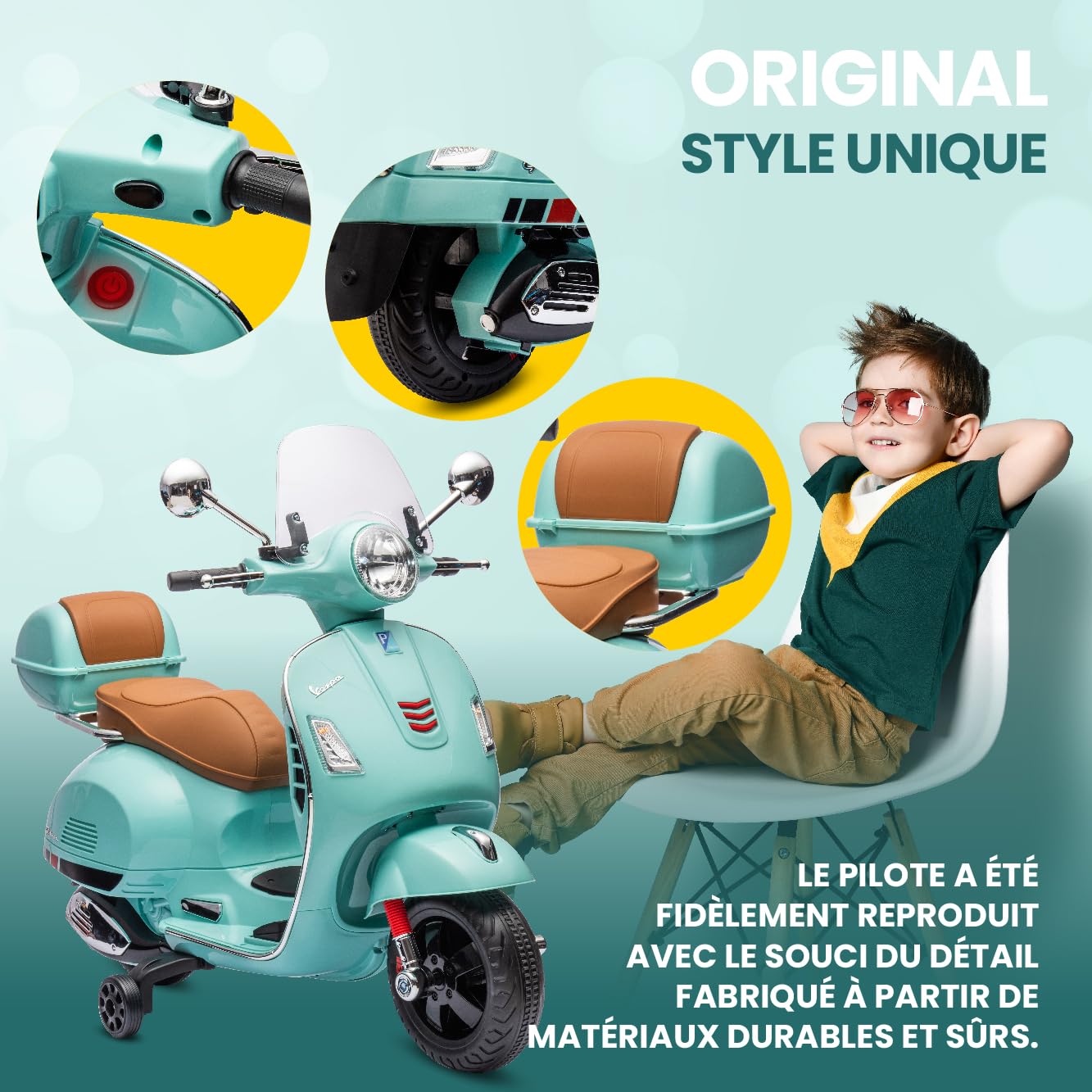 Vespa Scooter Moto électrique pour Enfants avec Roues et siège en Plastique, Coffre, Lecteur MP3, Prise AUX MicroSD USD (Turquoise)