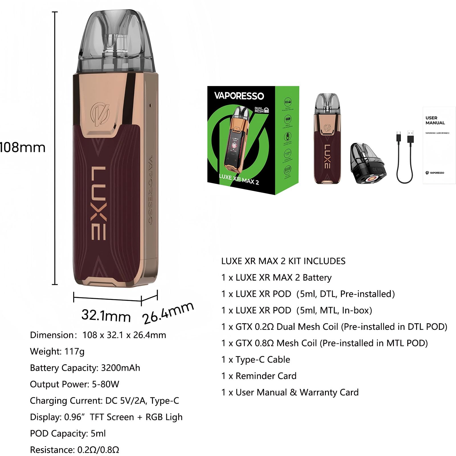 sigaretta elettronica relx Vaporesso Luxe XR Max 2 Kit 80W – Tiro a Bottone (Button Draw), batteria  integrata 3200mAh, cartuccia POD 5ML, resistenza GTX, modalità MTL/DTL,  senza nicotina (Rosso) : Amazon.it: Elettronica