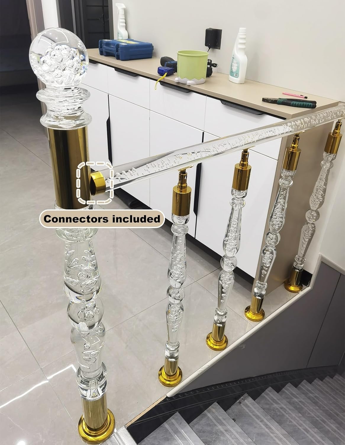 Clear Acrylic Newel Post with Stair Spindles Connectors, Transparent Crysta Stair Balusters Post for Staircase Deck Railing, Stainless Steel Base Fittings(Gold,120 cm(47 1/4"))
