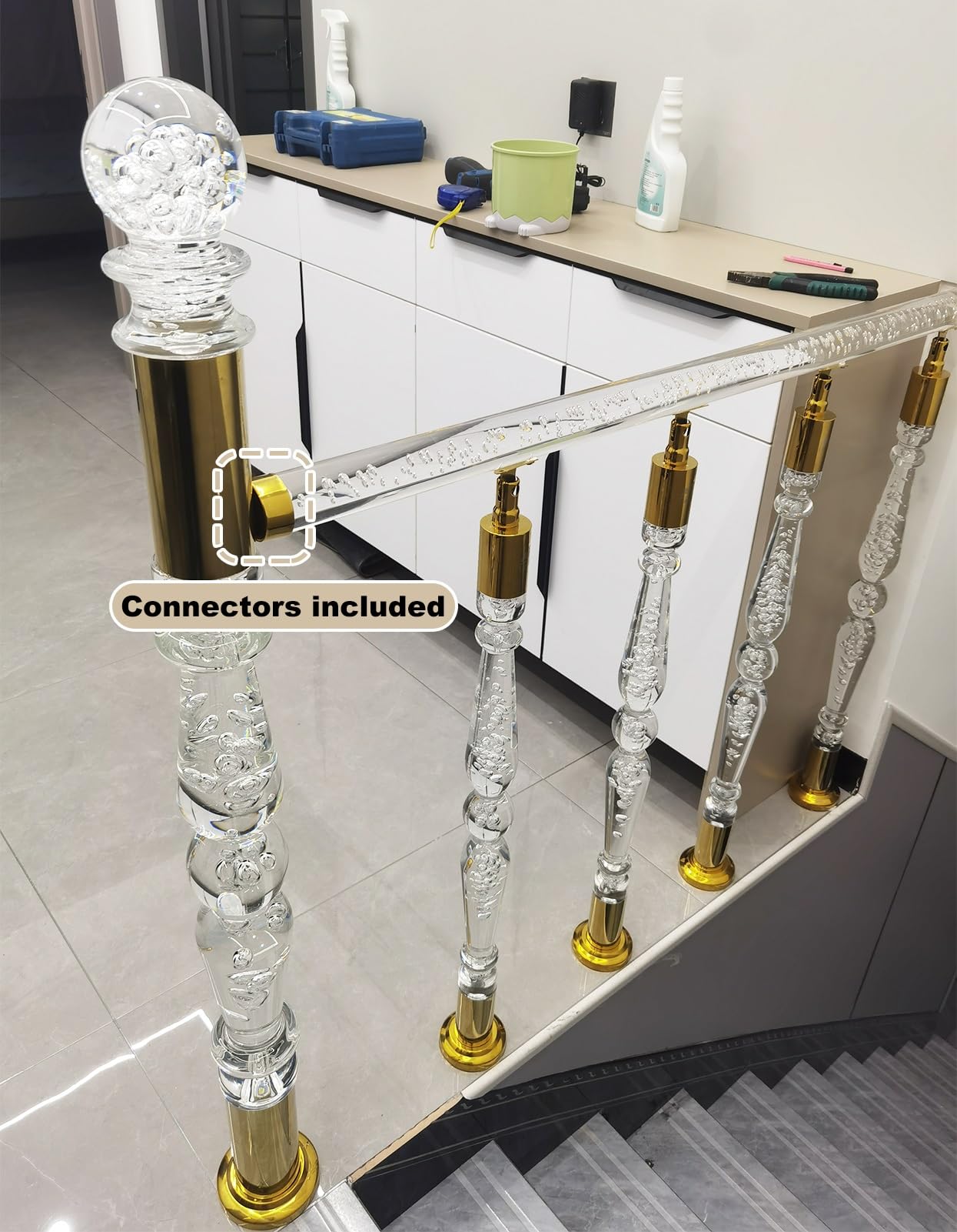 Paletto Newel in acrilico trasparente con base in acciaio inossidabile per ringhiera moderna per scale