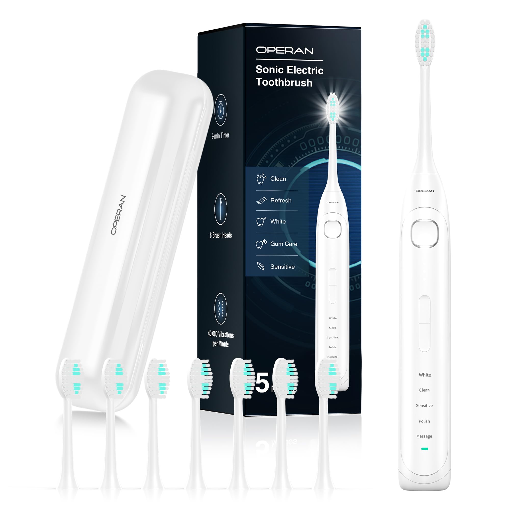 Operan Electric Toothbrush for Adults and Kids Rechargeable Sonic Toothbrush with 5 Modes 2-Min Smart Timer IPX7 Waterproof 40,000 VPM Motor with 8 Brush Heads & Travel Case (White, 1Pack)