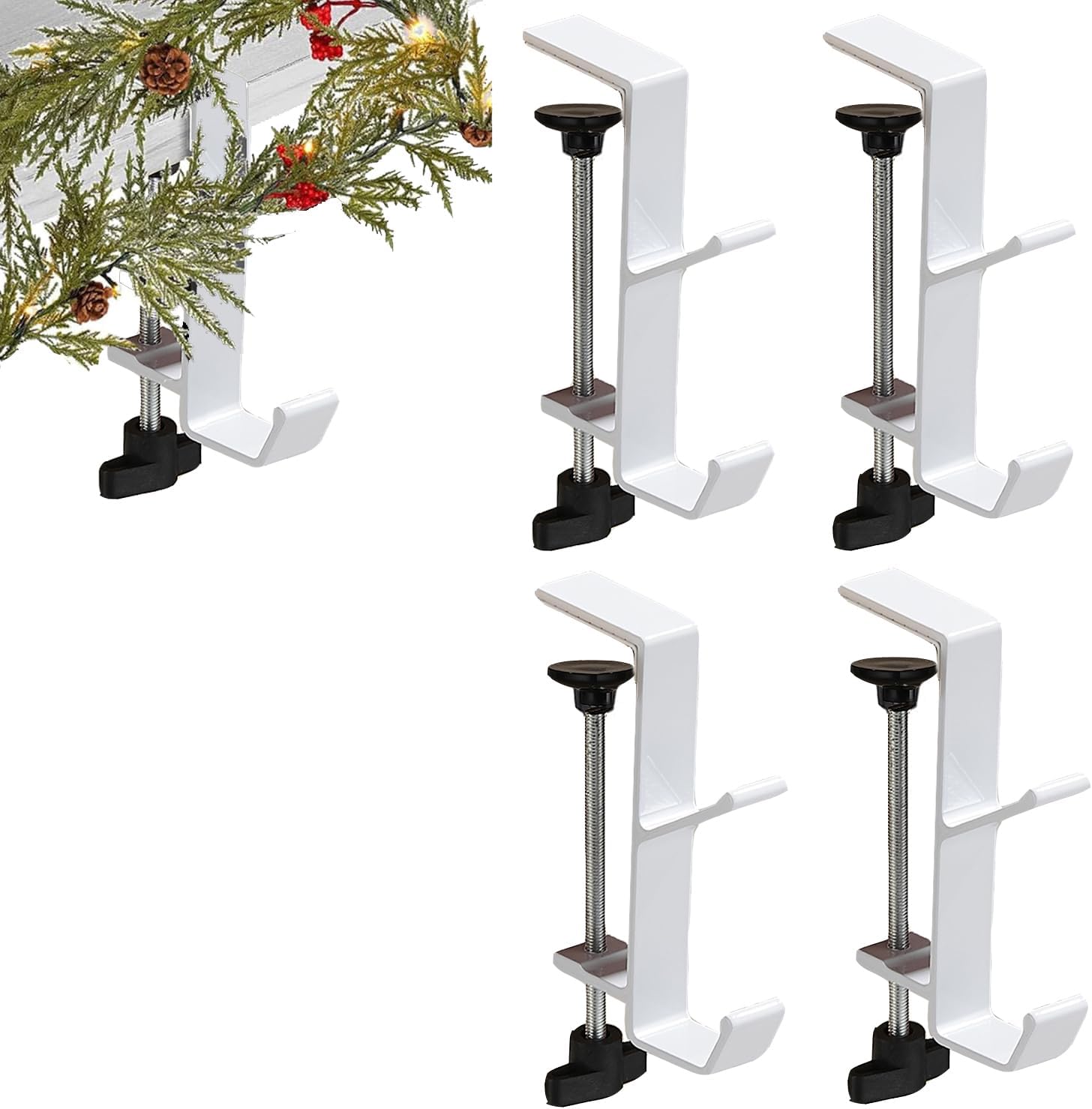 Fireplace Stocking and Garland Hanger, 2 in 1 Mantel Hanger for Garland, Fireplace Stocking Holders for Mantle Garland Hooks for Xmas Holiday Home Party Decoration 4 4White