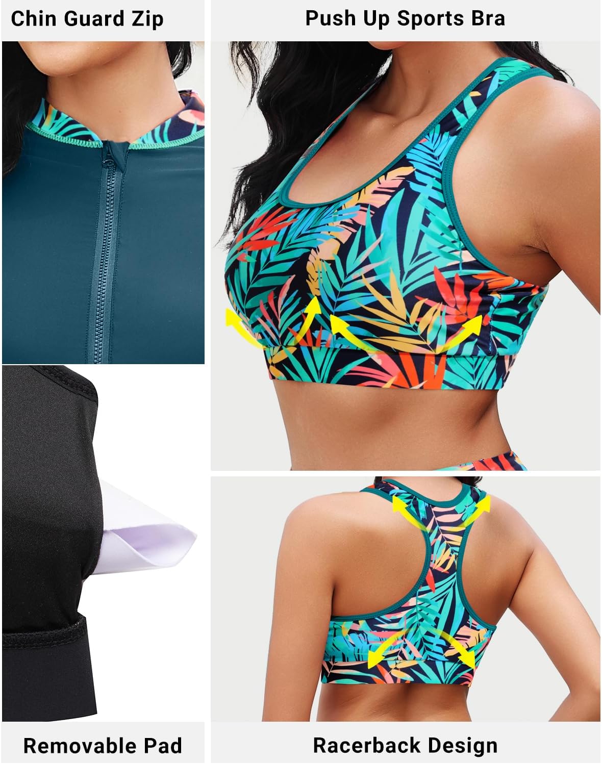 Daci Women 3 Piece Rash Guard - 3PC Long Sleeve Zip up Swim Shirt Sports Bra Modest Swimsuit with Shorts - Image 2