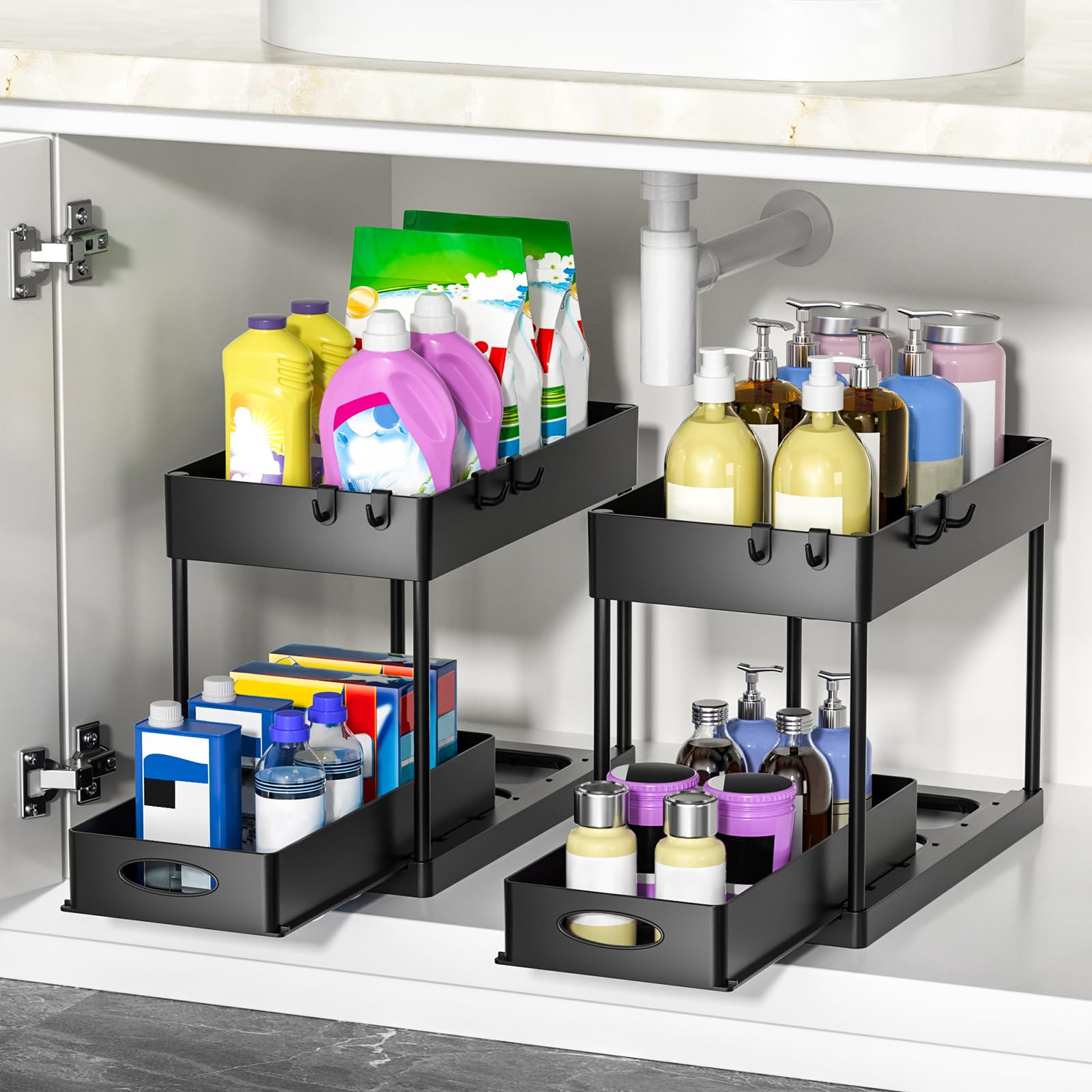 umvo Under Sink Storage 2 Pack, 2 Tier Pull Out Under Sink Organisers with 4 Hooks, Sliding Kitchen Cupboard Organiser for Cleaning Products, Black