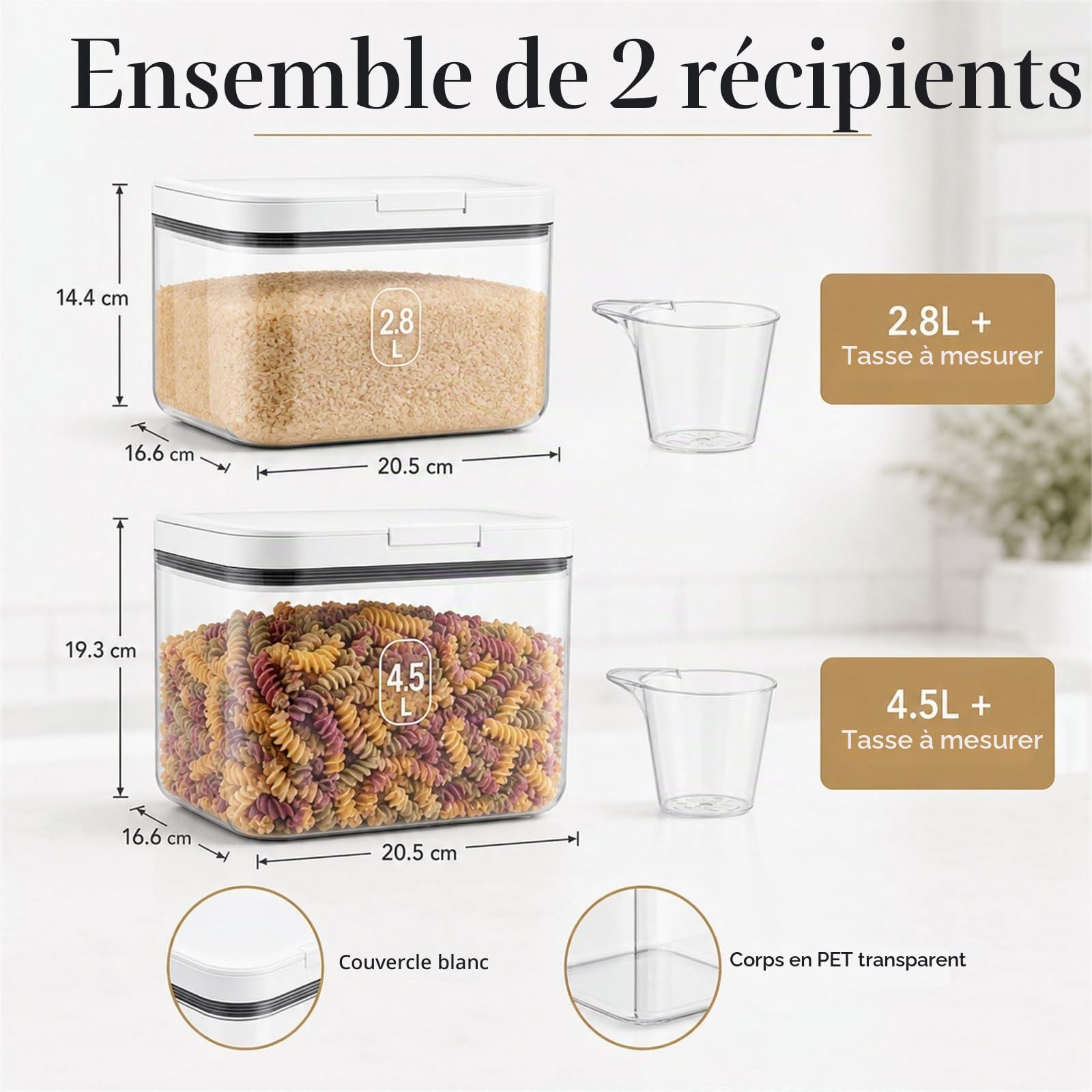 STARVAST Boîtes de conservation pour farine 4,5+2,8 litres, boîte de rangement pour la cuisine, conservation de riz avec jauge, boîtes de conservation avec couvercle hermétique, récipients de stockage